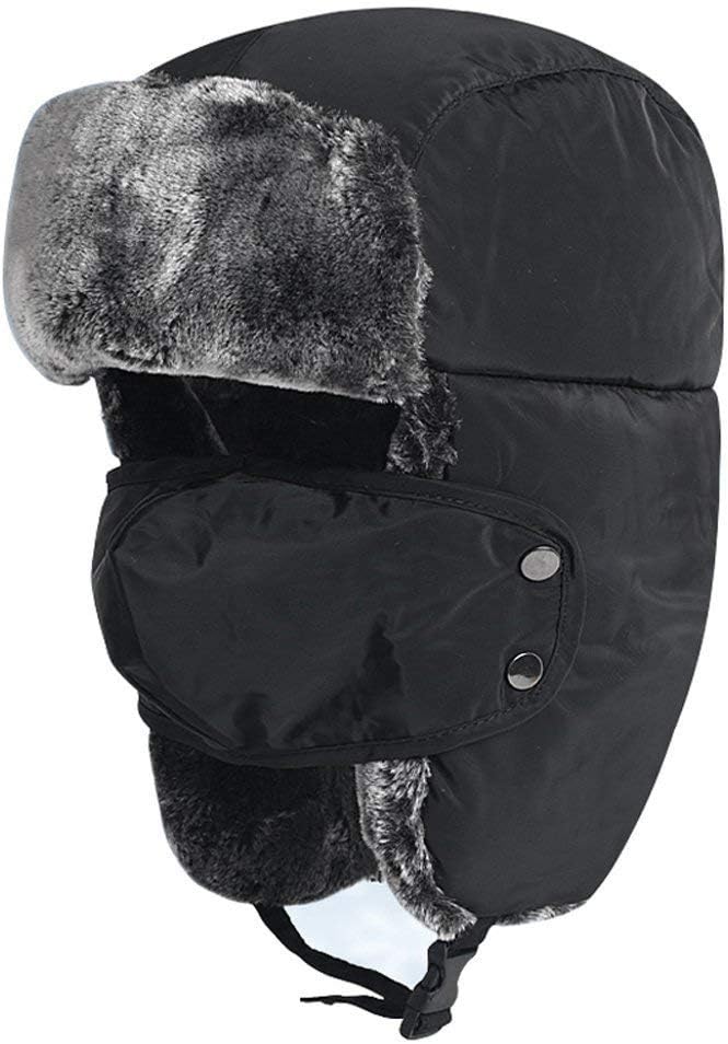 Unisex Kids Teens Winter Hat Aged 4-13Y, Thermal Fur Lined Trapper Hat with Ear Flap Windproof Face Warmer Mouth Cover Snow Ski Snowboarding Hat Cap Headwear Black