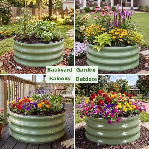 Image of 3 PCS Round Raised Garden Bed 2x2x1 ft, Metal Outdoor Planter Box Kit with Safety Rubber Edge, Easy Assemble Bottomless Small Planting Container for Vegetable, Flower, Fruit, Green