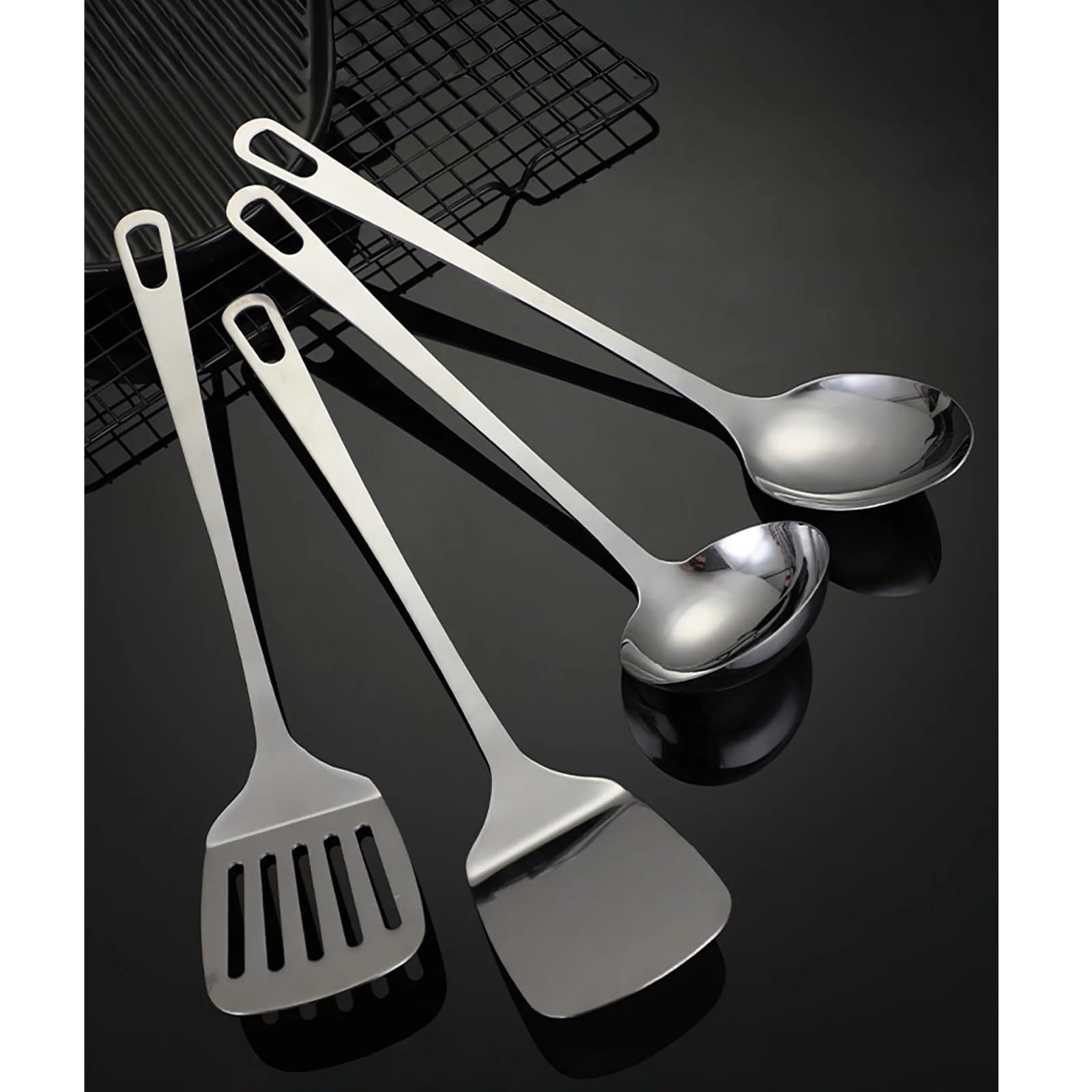 4-teiliges Edelstahl-Spatel-Set, Metallspatel, stabiler und geschlitzter Pfannenwender, hochhitzebeständige Kochutensilien for Fischeier, Pfannkuchen für Antihaft-Kochgeschirr(Size 1)