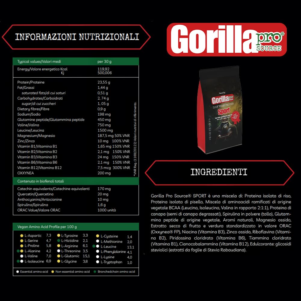 Naturveg® GORILLA PRO SOURCE Sport – Proteine in polvere Vegane da 1kg con BCAA, Glutammina, vitamine B, proteine vegetali di riso canapa, pisello e spirulina (1Kg, Caramello)