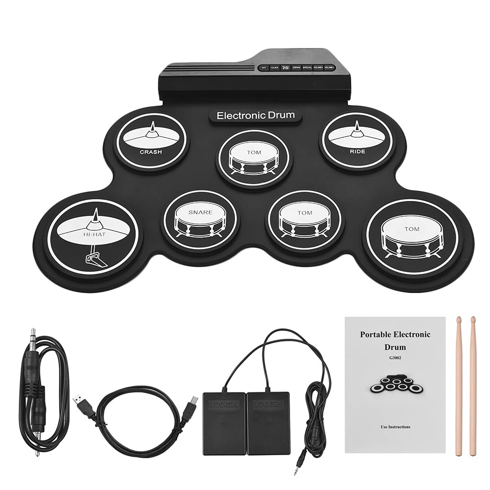 Batteria elettronica compatta USB roll-up in silicone con 7 pastiglie, pedali, digitale, per principianti e bambini