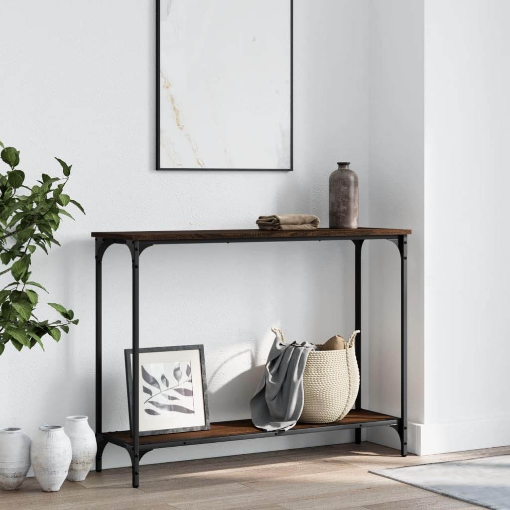 SXZenSpace Console Table Brown Oak 101x30.5x75 cm Engineered Wood & Metal, Sofa Side Adjustable Feet, Narrow Hallway Living Room Entryway