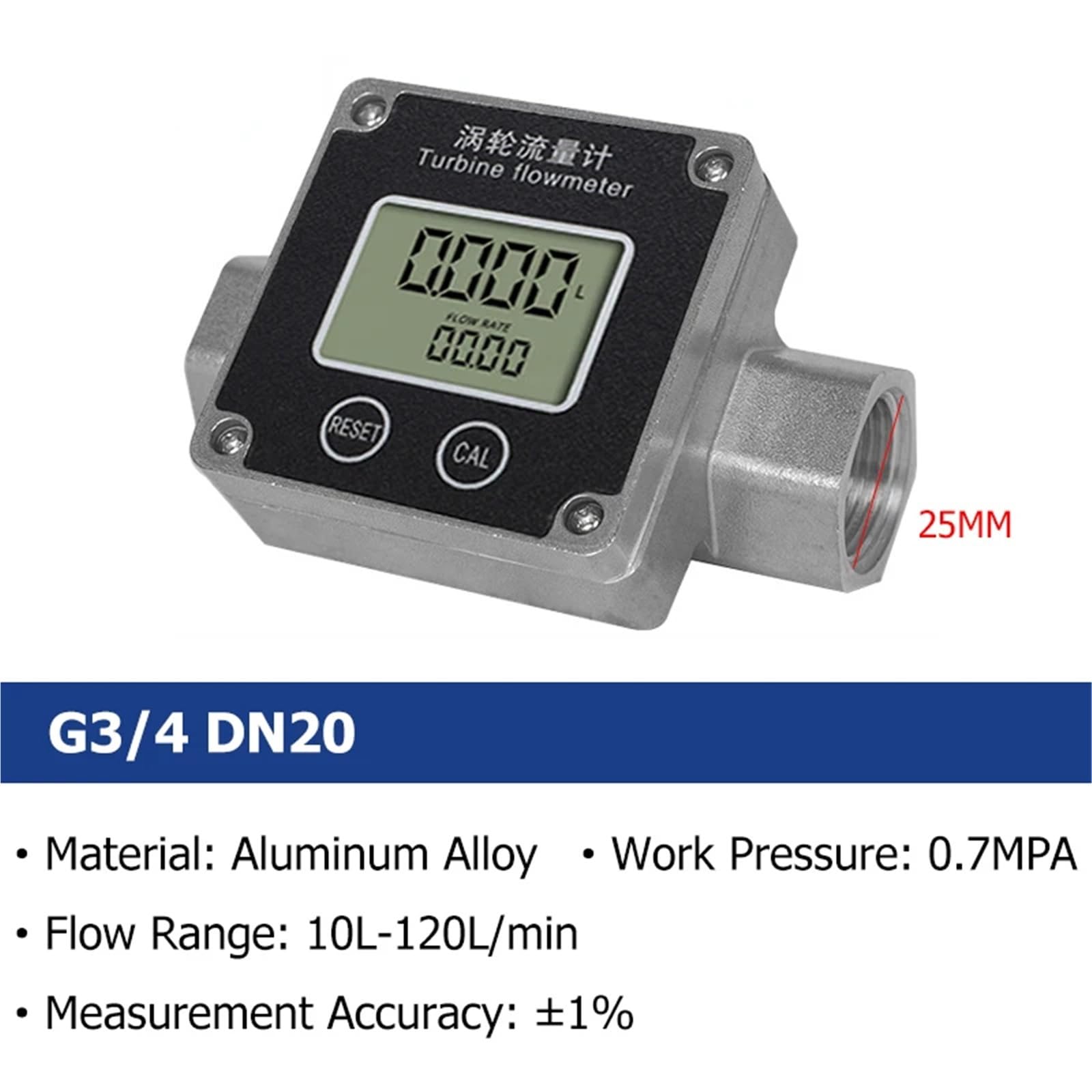 Medidor de flujo de agua electrónico DN20 con pantalla LCD, caudalímetro de turbina G3/4(A)