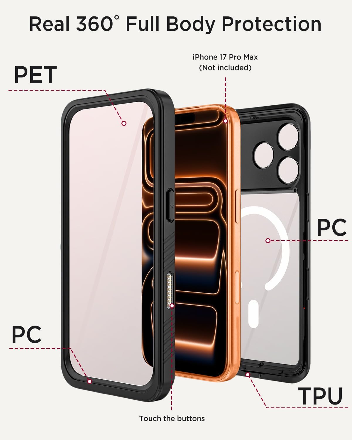 Miimall for iPhone 17 Pro Max Case Waterproof, Compatible with Magsafe [360 Full Body][Bulit-in Screen & Lens Protector] Military Grade Dustproof Snowproof Rugged Phone Case for iPhone 17ProMax Black - Image 6