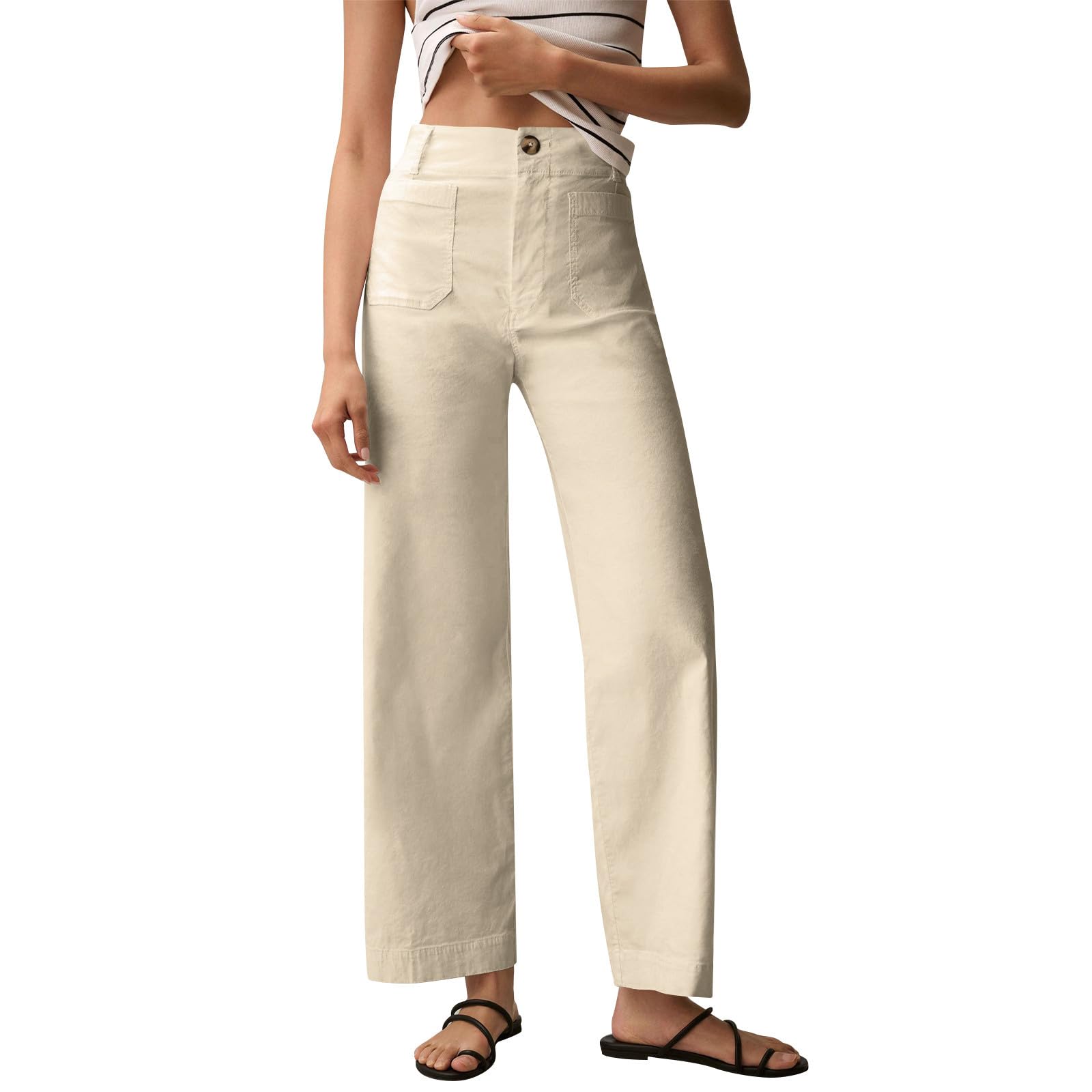 Chino Pants for Women Wide Leg High Waisted Capri Dress Pants Stretch Twill Comfortable Work Pants with Pockets