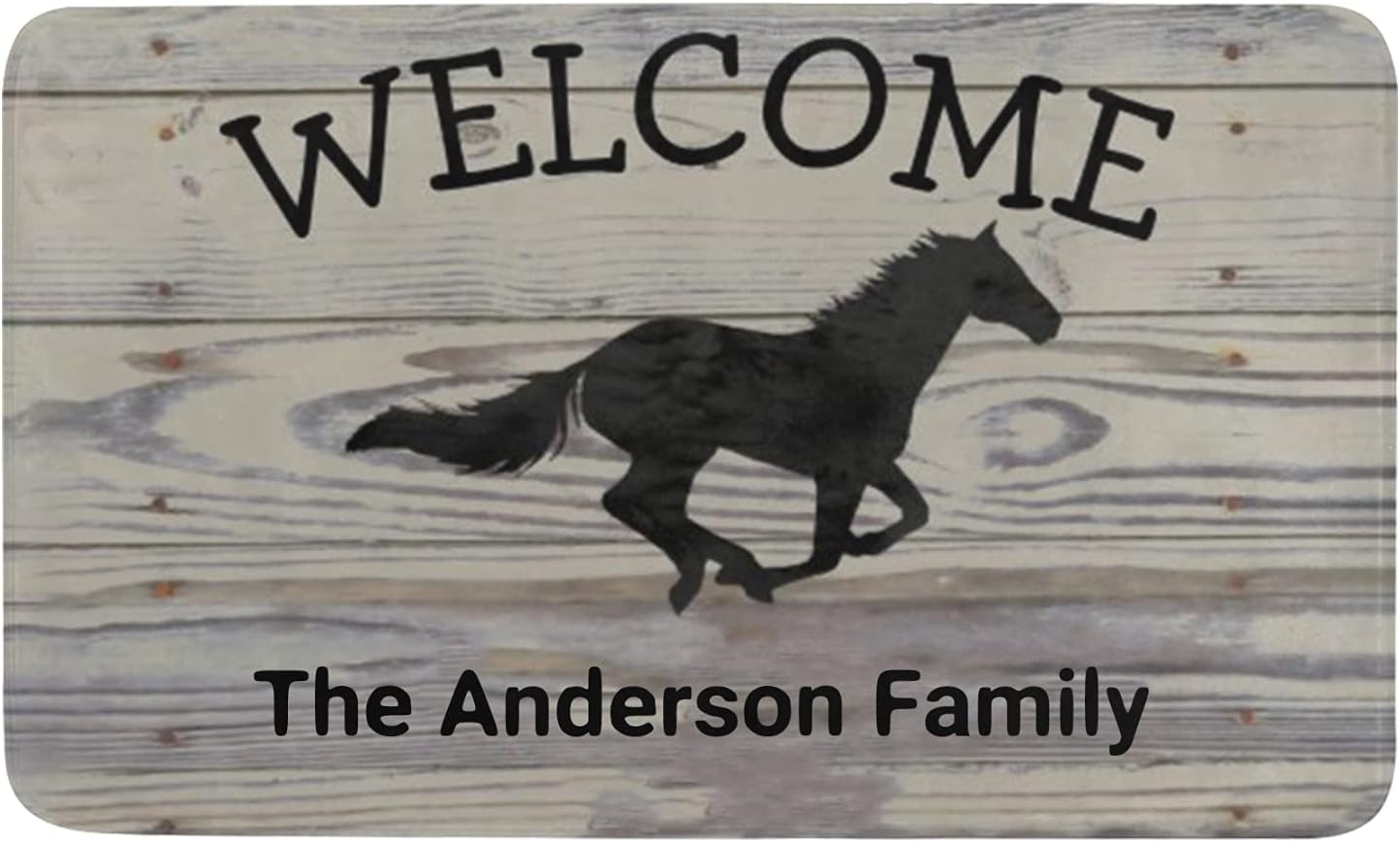 Rustic Wood Galloping Horse Personalized Doormat Text Name Custom Indoor Outdoor Pet Mat Entrance Rugs Home Decor Welcome Door Mats 30 x 18 Inch