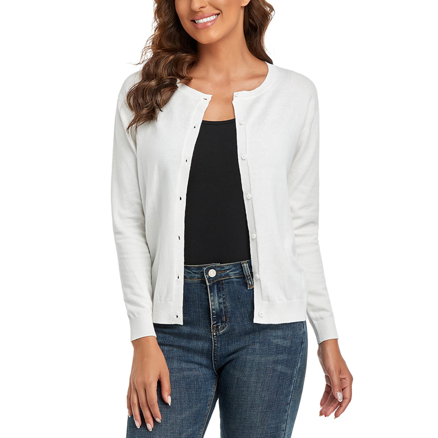 CUNYI Gilet Femme, Chandail Tricot avec Boutons pour Femme, Pull Veste Cardigan Col Rond Manches Longues Classique, Blanc Cassé XL