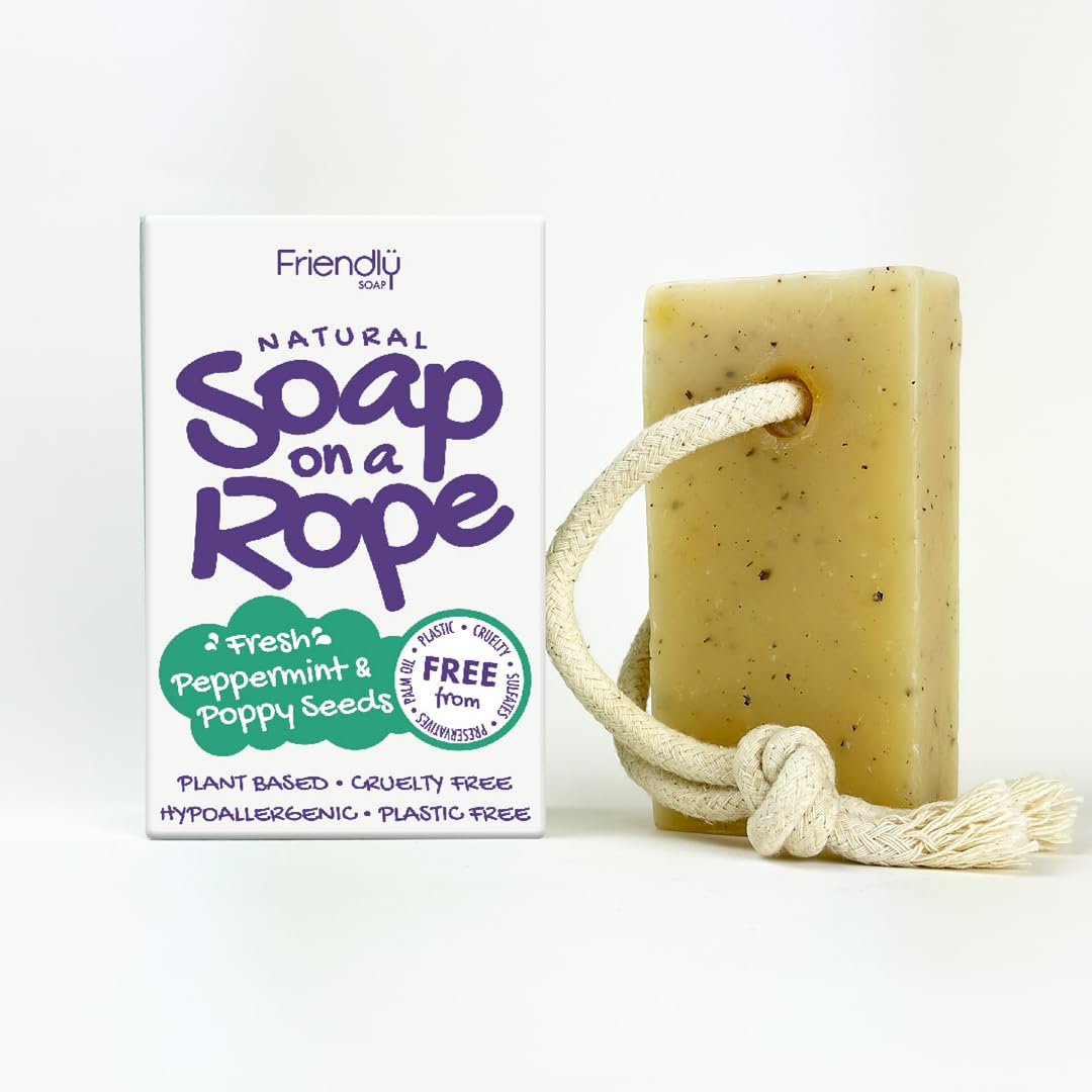 Friendly Soap - Natural Soap On A Rope - 'Fresh' Peppermint & Poppyseeds 125g
