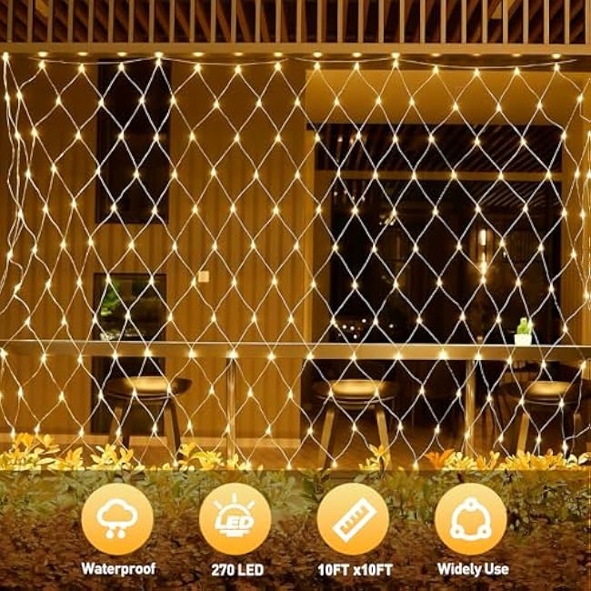 Leisure world 10ft x 10ft LED Net Lights Mesh Fairy String Decorative Outdoor Warm White 8 Modes Connectable 270 Net with Remote, Timer for Wedding Christmas Trees, Bushes, Garden, Outdoor Decorations