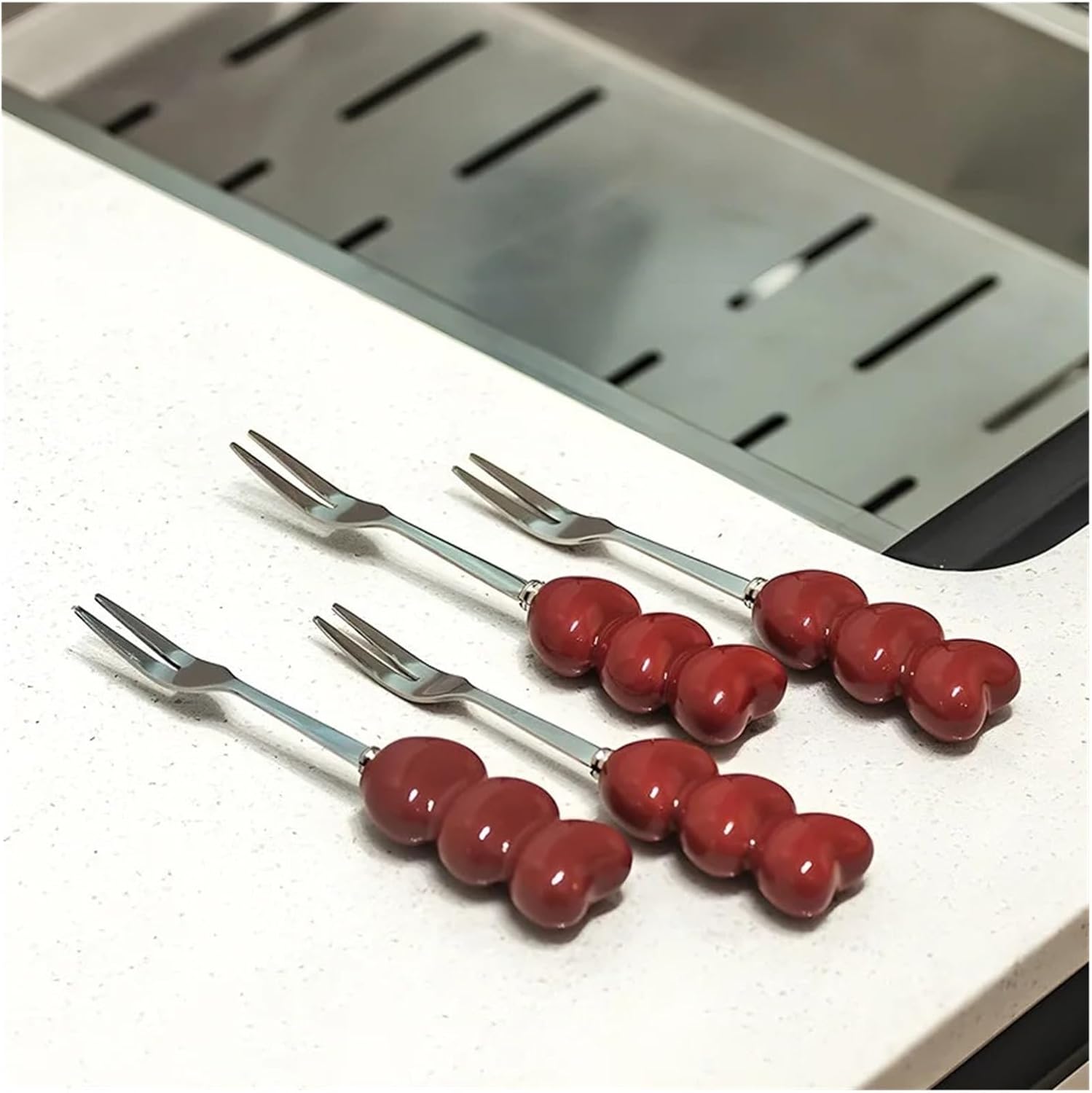 Cute Dessert Fruit Fork Household Tableware High Value Creative Ceramic Storage Jar + Stainless Steel Small(A)