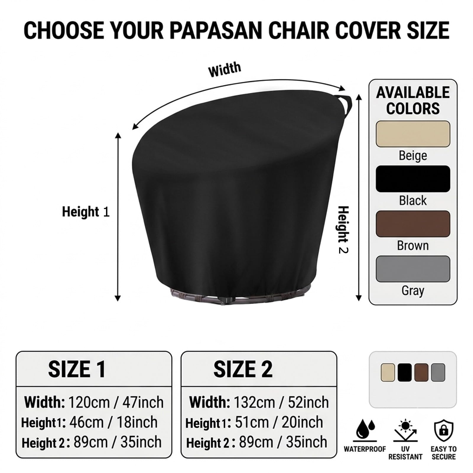 Pokrowiec Na Poduszkę Papasan Outdoor, Wytrzymały Pokrowiec Meble Ogrodowe | Wytrzymały materiał Oxford 420D, wodoodporny, pyłoszczelny, górny uchwyt do podnoszenia, dolny ściągacz wiatroszczelny