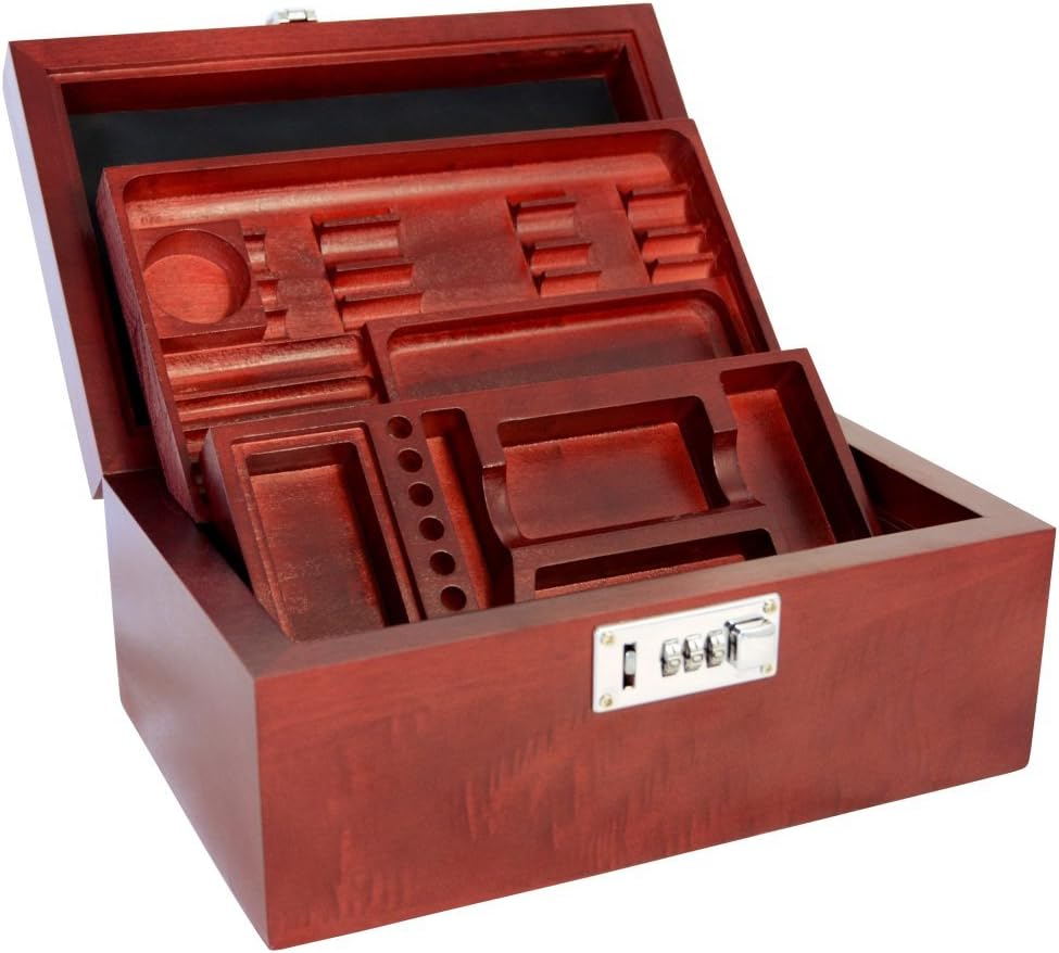 420 Stash Box for MMJ or Tobacco, Wood, Two Removable Trays, 3-Digit Combo Lock, Built-in Silicone Dab Mat