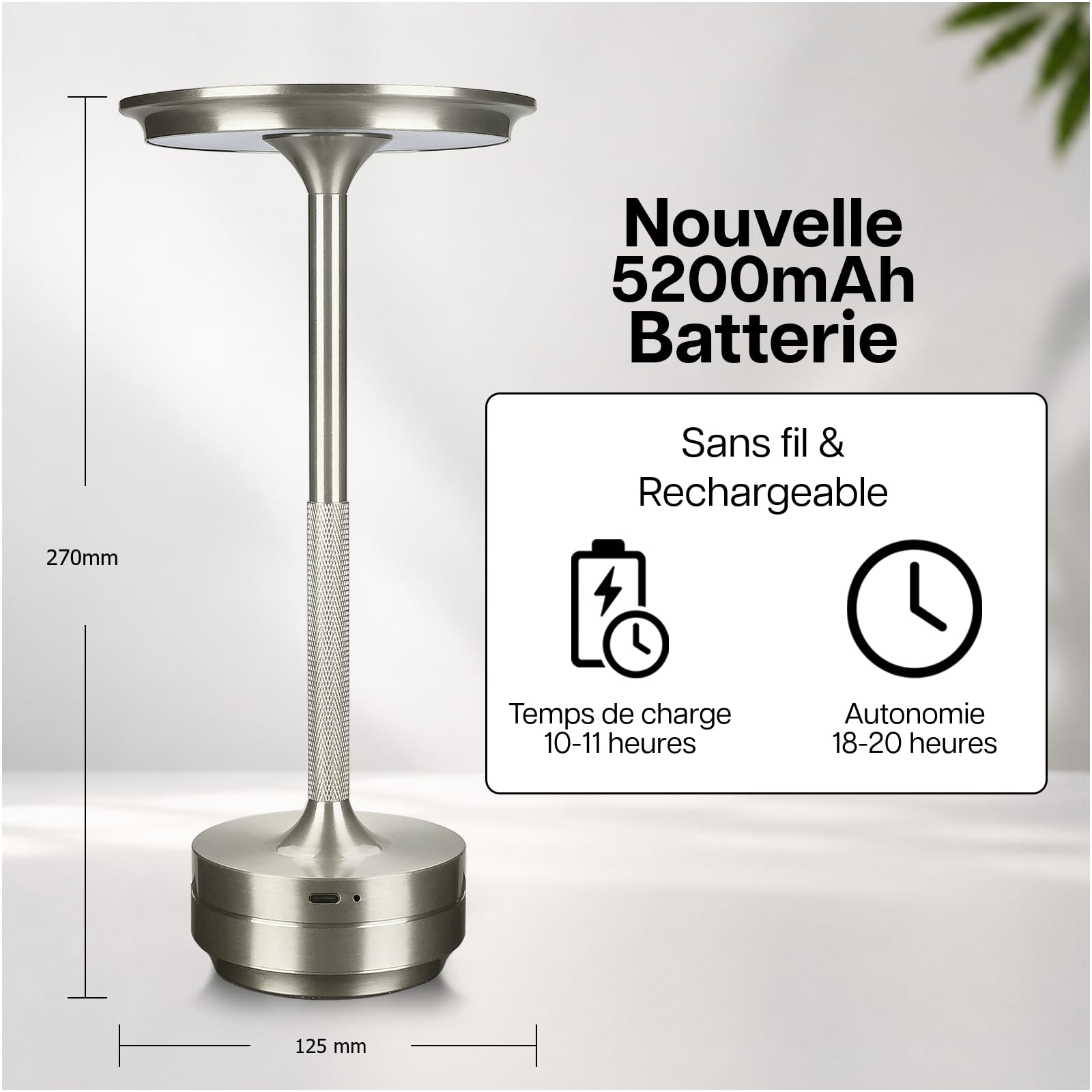 MMOBIEL Lampe de Table Sans Fil LED Tactile Rechargeable Métal, 3 Températures de Couleur à Intensité Variable, Batterie 5200mAh, USB-C pour Chambre, Bar, Terrasse, Intérieur/Extérieur – Argent