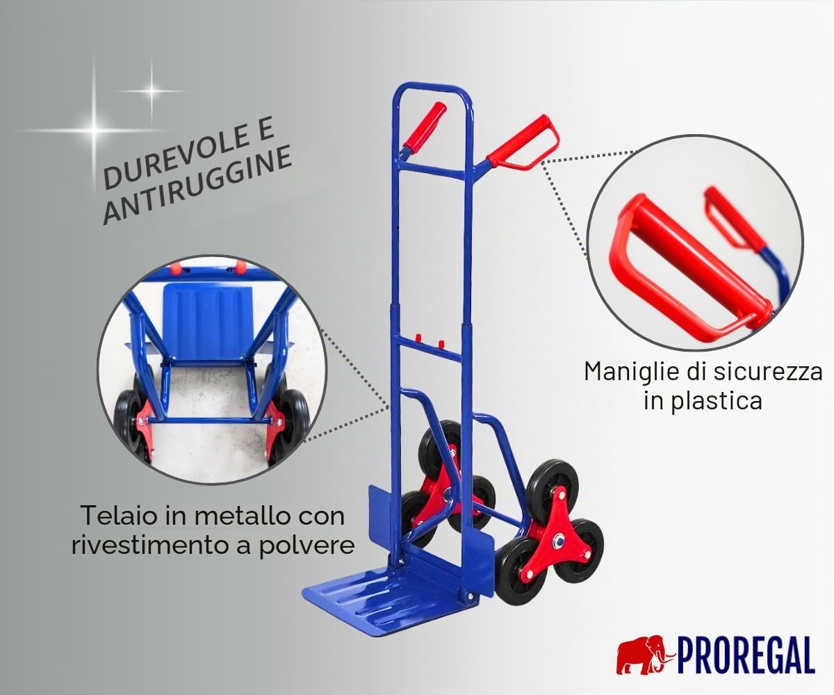 PROREGAL Carrello saliscale ODIN | AxLxP 111x60x43cm | Portata | Ruote in gomma dura | Blu
