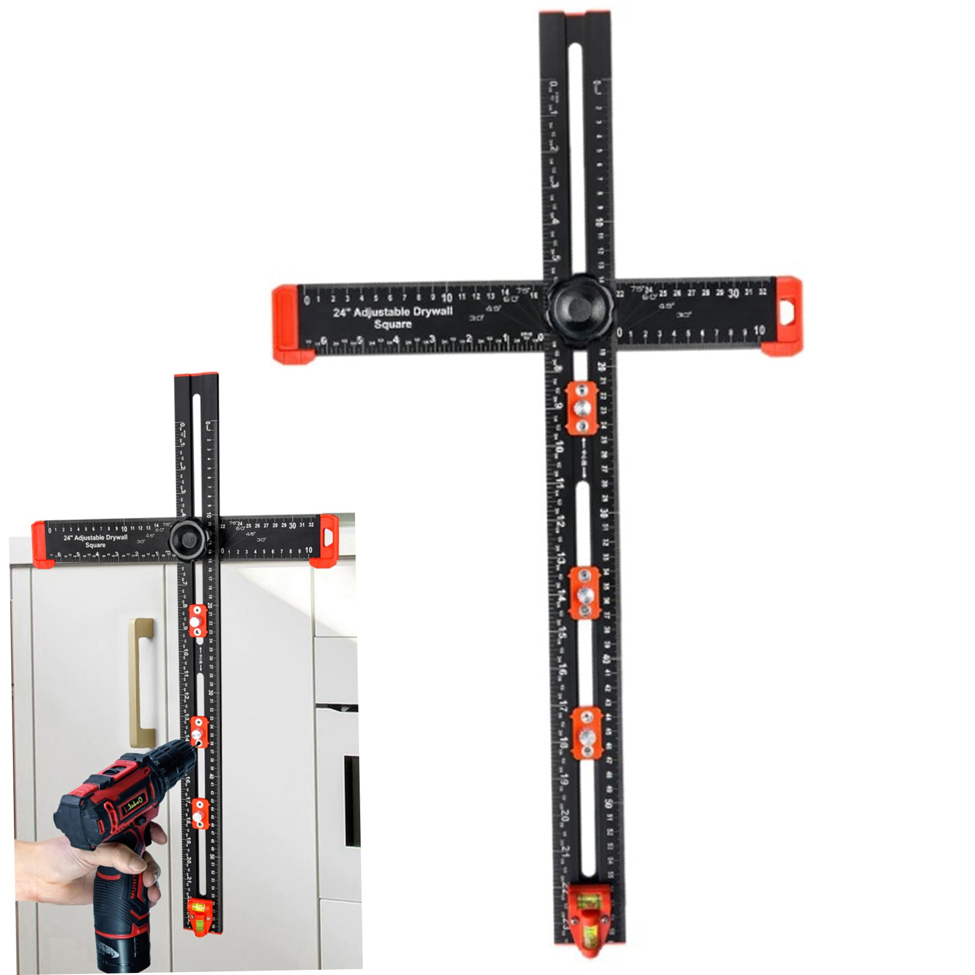 Regla de posicionamiento de perforación ajustable 4 en 1, regla escuadra en T para carpintería, herramienta de medición multiángulo para marcado de precisión, negro