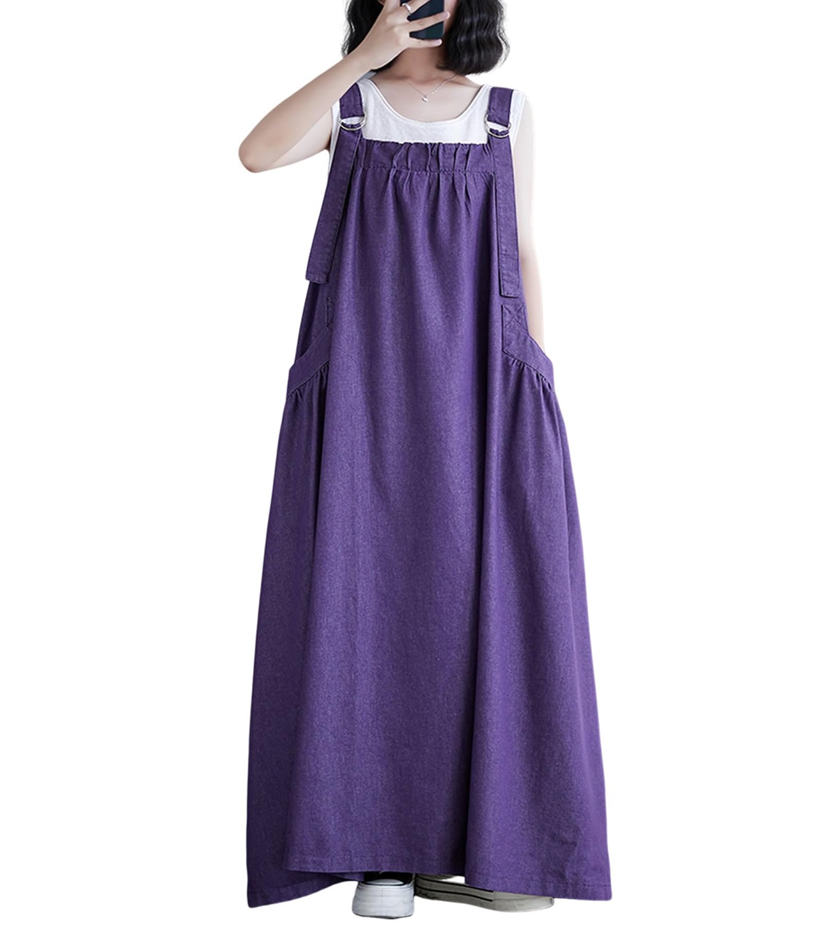 Anzber Women's Denim Jumper Dress Loose Baggy Maxi Adjustable Strap Wide Hem Oversize Long Jean Overalls