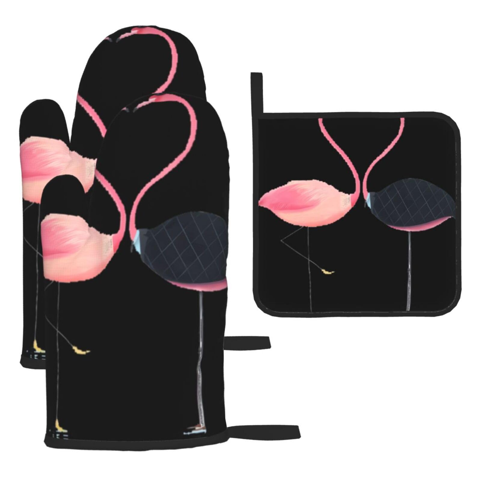Watercolor Flamingos Printed Oven Mitt Set 3-Piece | Heat Resistant Gloves & Pot Holder Mat for Cooking, Baking & BBQ