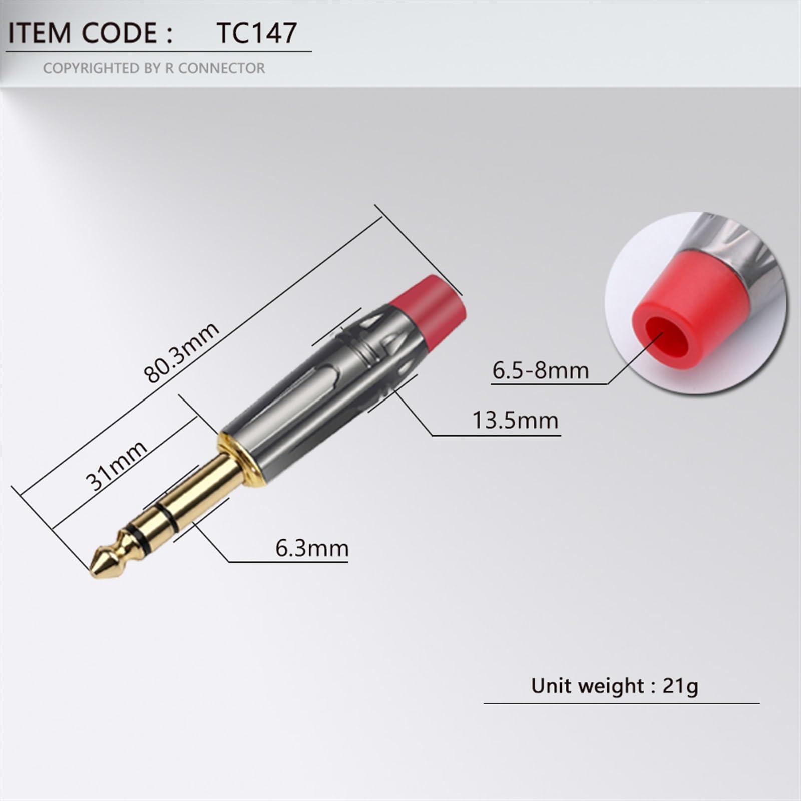 10PCS Stereo Jack 6,35 MM Stecker Draht Stecker Mikrofon MIC 6,3 MM Stecker Audio Video DIY (Color : Red)