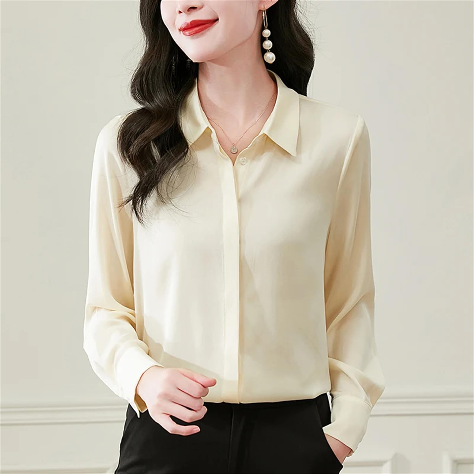 Vogrtcc Blusa básica de seda para mujer, con botones, de manga larga, para oficina, ropa de trabajo