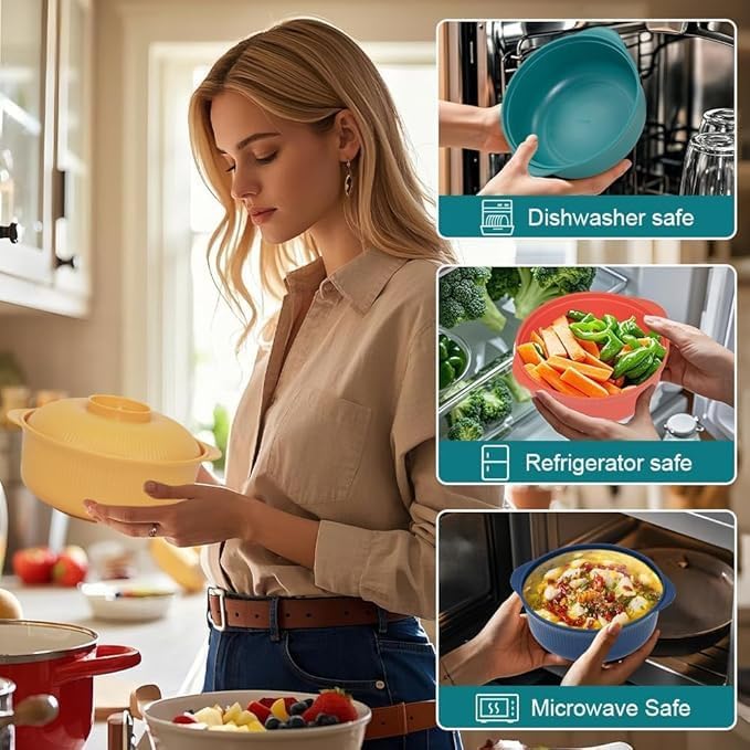 Image of Xmart India 3-Piece Food Storage & Serving Bowls with lids Set and Handles - Microwave & Refrigerator Safe, Durable Food Grade Material - Dining Table Container for Curry, Snacks, Fruits, Salads