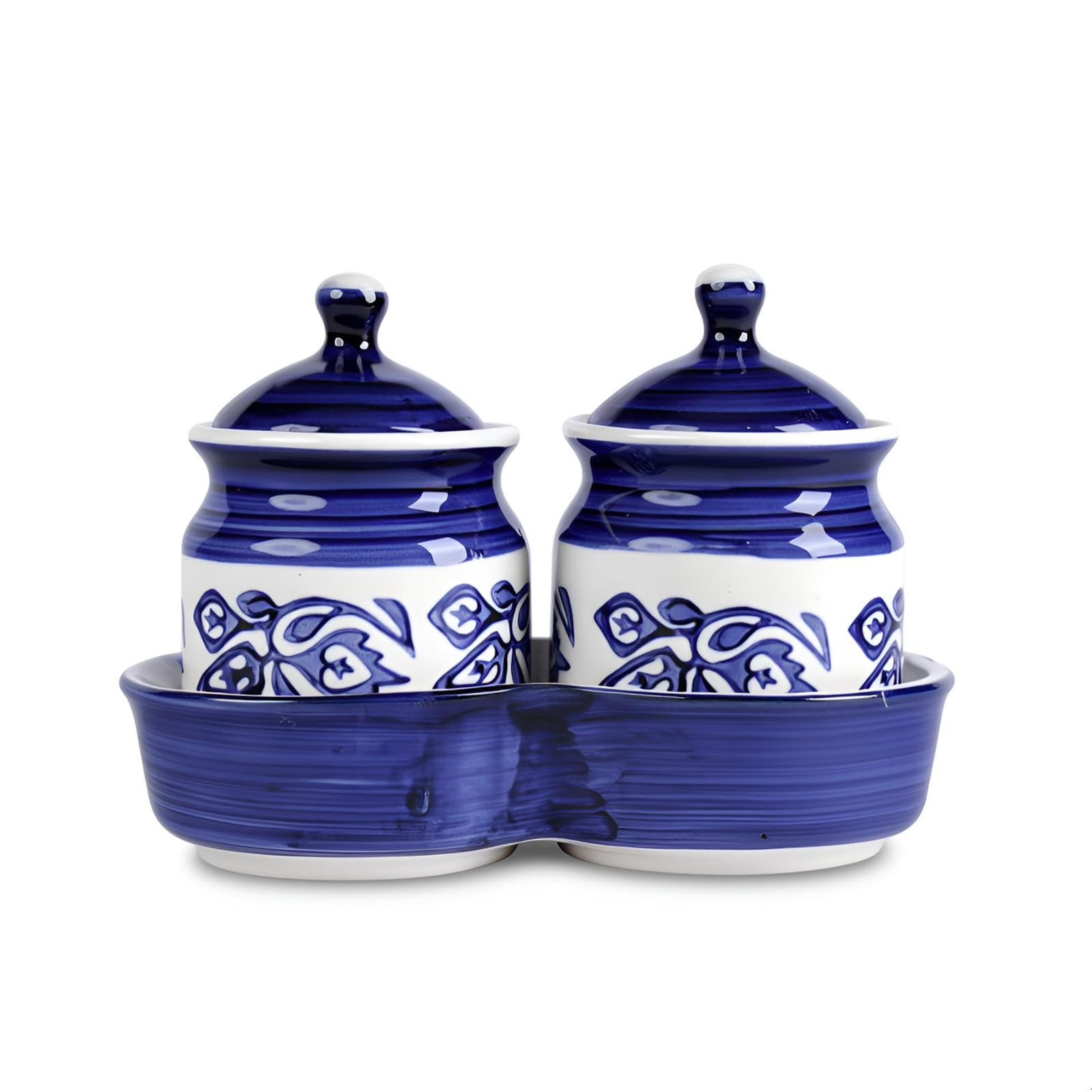 Kraftlik Handicrafts Ceramic Jars with Lid and Holding Tray | Multipurpose Barni for Chutney, Pickle, Spice, Jam, Tea, Sugar, Coffe & Ketchup | Storage Container (Set of2)