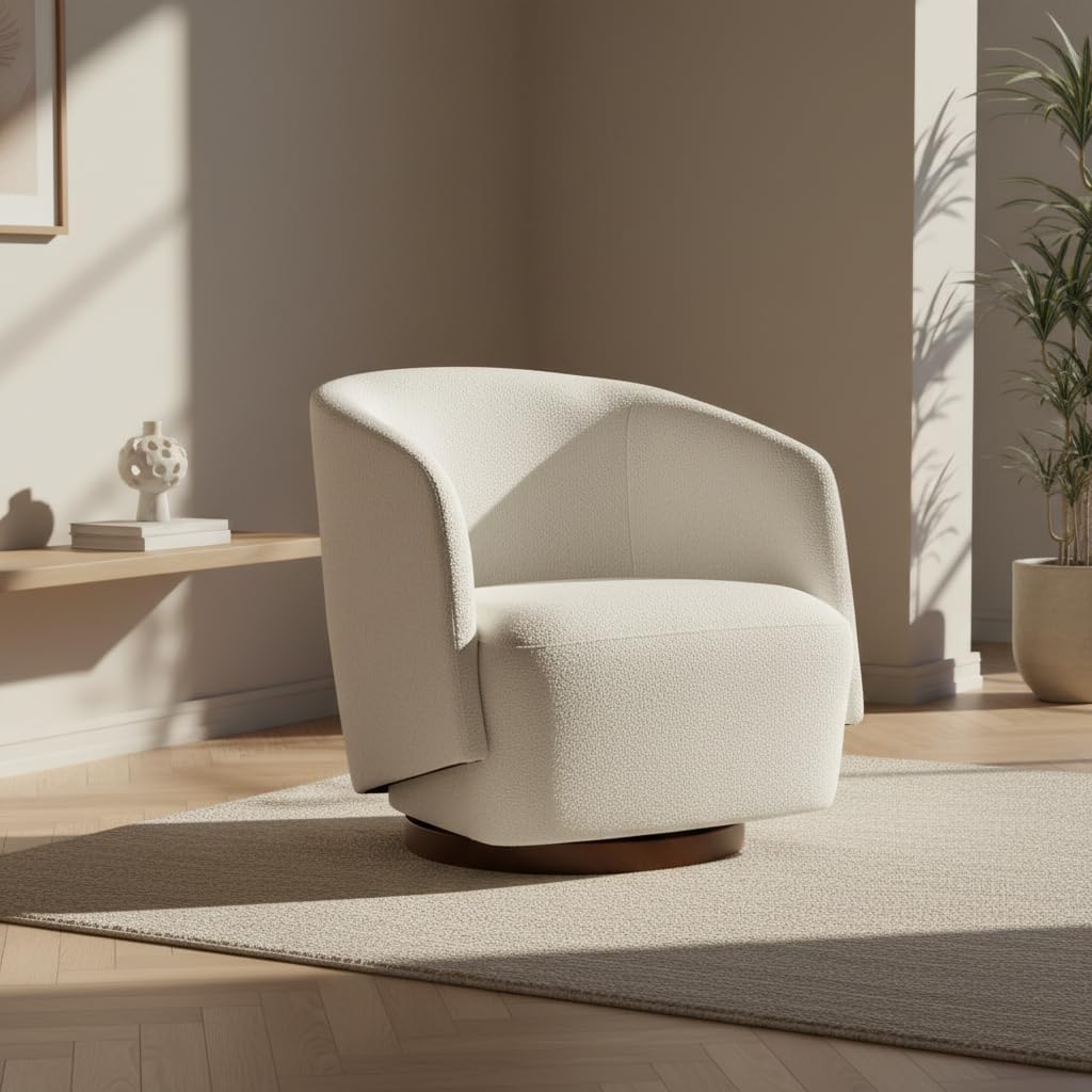 Zihanhome Boucle Swivel Accent Chair, No Assembly Upholstered Armchair with Rubberwood Base, 360° Rotating Barrel Chair for Living Room, Bedroom, Apartment & Reading Nook (1, Beige)