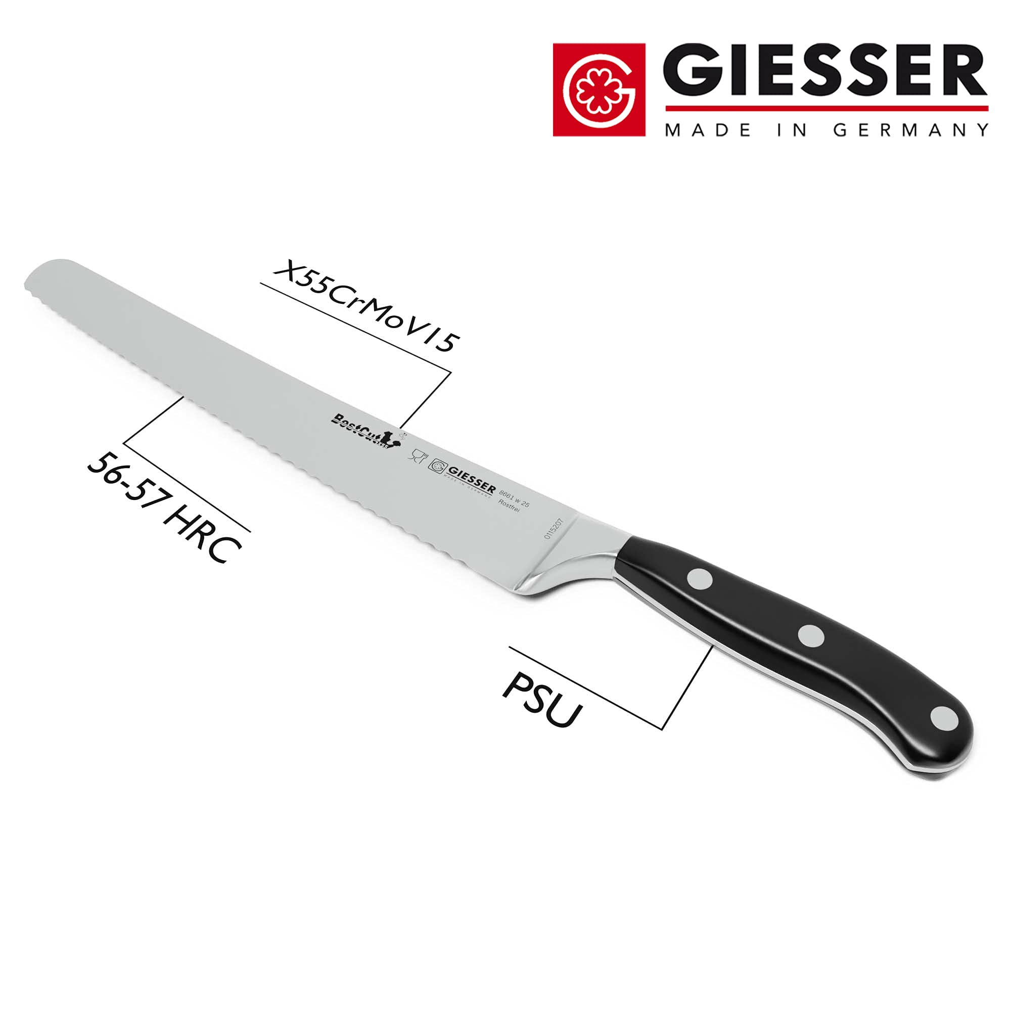 Giesser seit 1776 - Made in Germany - scharfes Universalmesser geschmiedet 25 cm Wellenschliff BestCut, hitzebeständig, schwarz, spülmaschinengeeignet, rostfrei