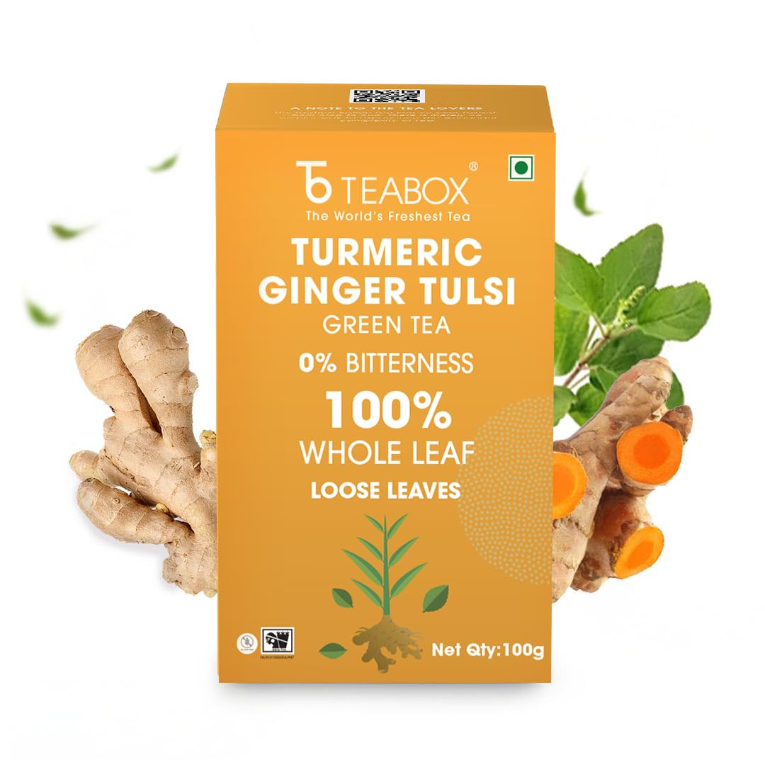 Teabox Turmeric Ginger Tulsi Green Tea 100 grams | A Unique Herbal Infusion | 100% Whole Leaf Tea, 0% Bitterness
