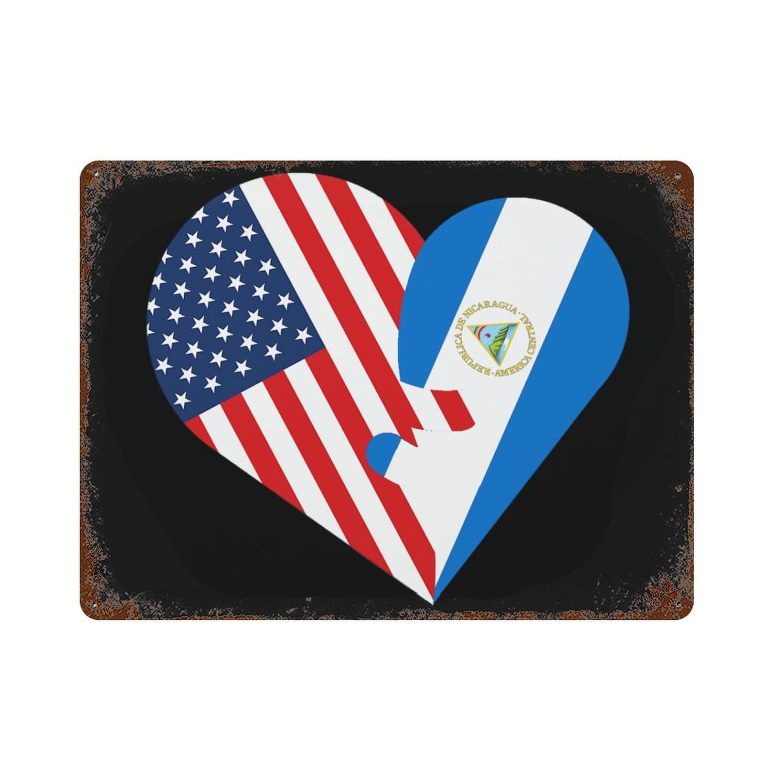 KWQDOZF Heart America Flag And Nicaragua Flag 2 Theme Metal Tin Sign,Vintage Iron Hanging Plate Horizontal with Rust Poster Wall Decor 12x16inch