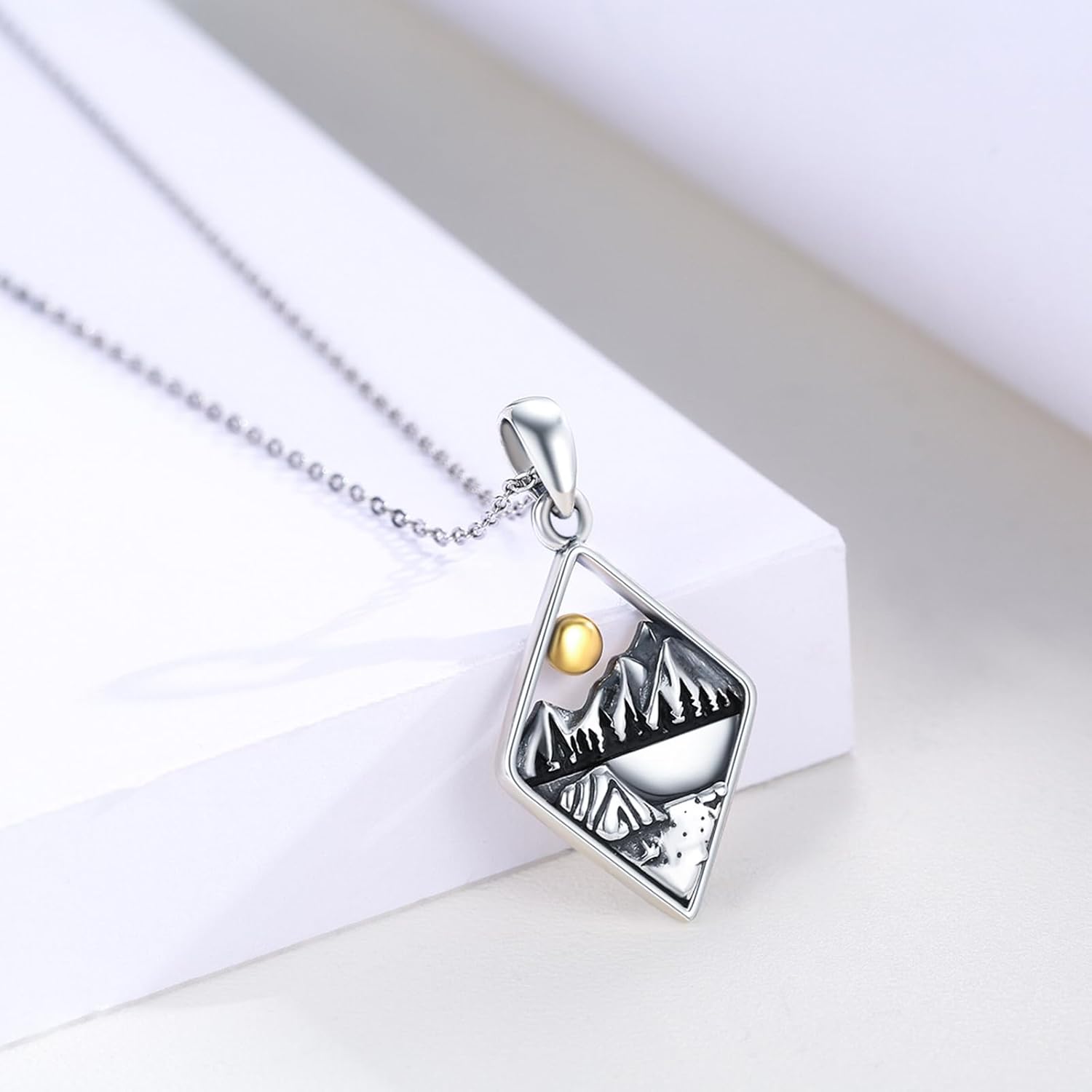 Cuoka Mountain Necklace For Women S925 Sterling Silver Oxidized Retro Nature Sun and Forest Mountain Pendant Necklaces Jewelry Gifts For Hikers Climbers Nature Lover Mother's Day Jewelry Gifts - Image 3