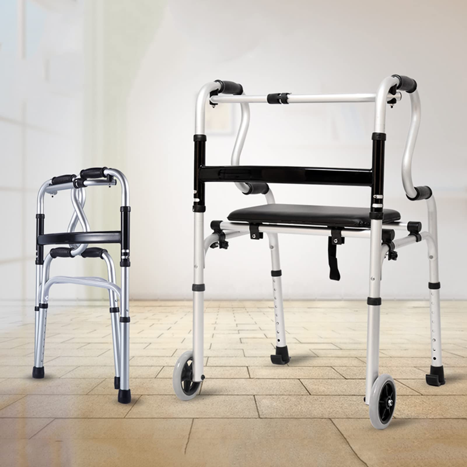 HMTE Andador para Ancianos con 2 Ruedas y Asiento, Andador Plegable, Ayuda de pie, aleación de Aluminio, Ligero y Ajustable en Altura