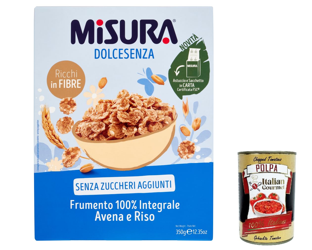 Italian Gourmet Cereali Integrali Fiocchi di Frumento Vollkorn 12 x 350g | Senza zuccheri aggiunti; knusprige Mischung mit Hafer und Reis fürs, Gesamtnettogewicht 4,2 kg + Kostenlos Polpa 400g
