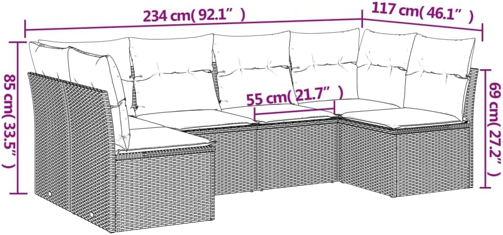 vidaXL Patio Sofa Set with Blue Cushions - 6 Piece Black Poly Rattan Modular Outdoor Furniture for Garden, Patio, Terrace