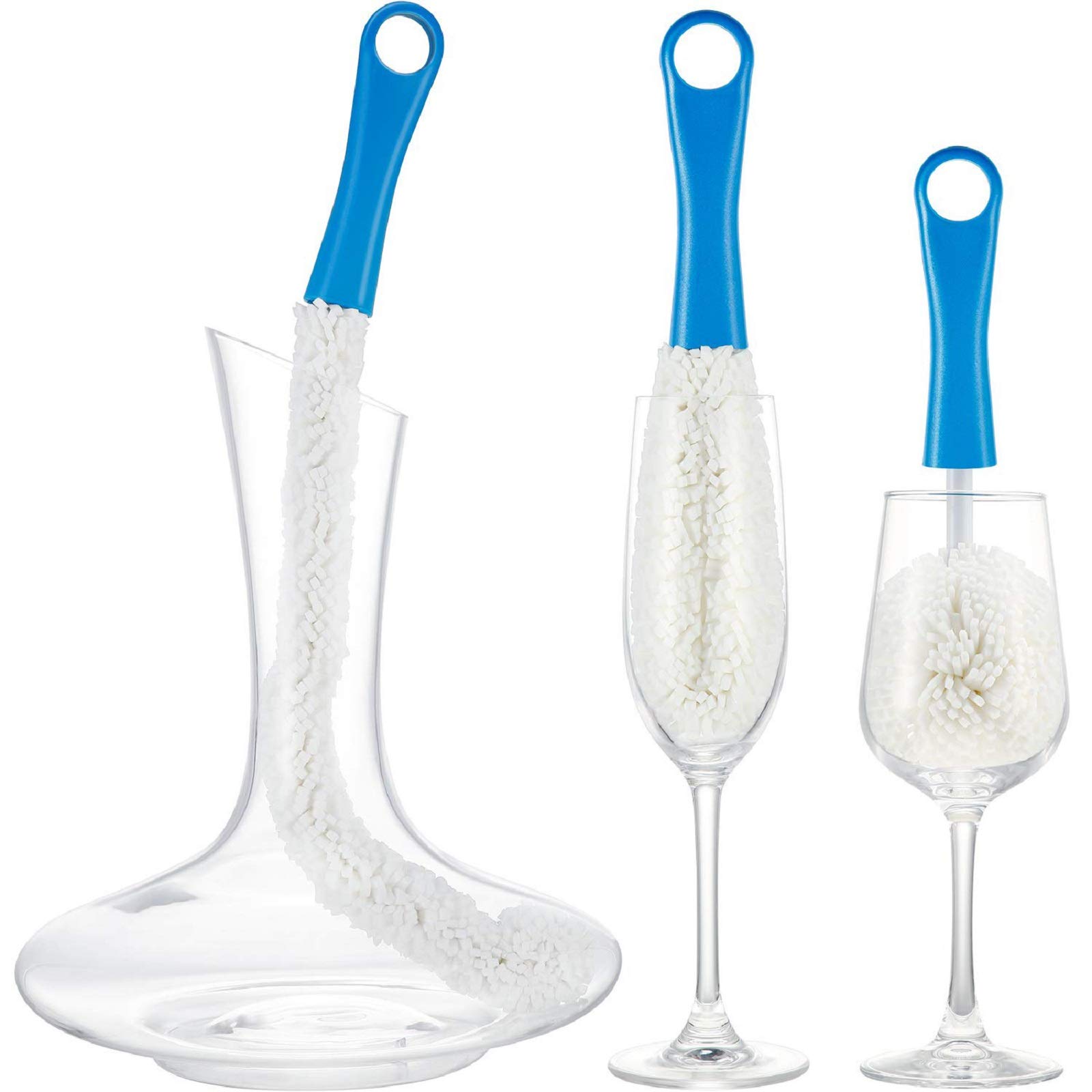 NP 3 Pieces，Bottle Cleaning Brush，Wine Glass Cleaning Brush，Decanter Brush，Glassware Cleaning Brush Set， Blue