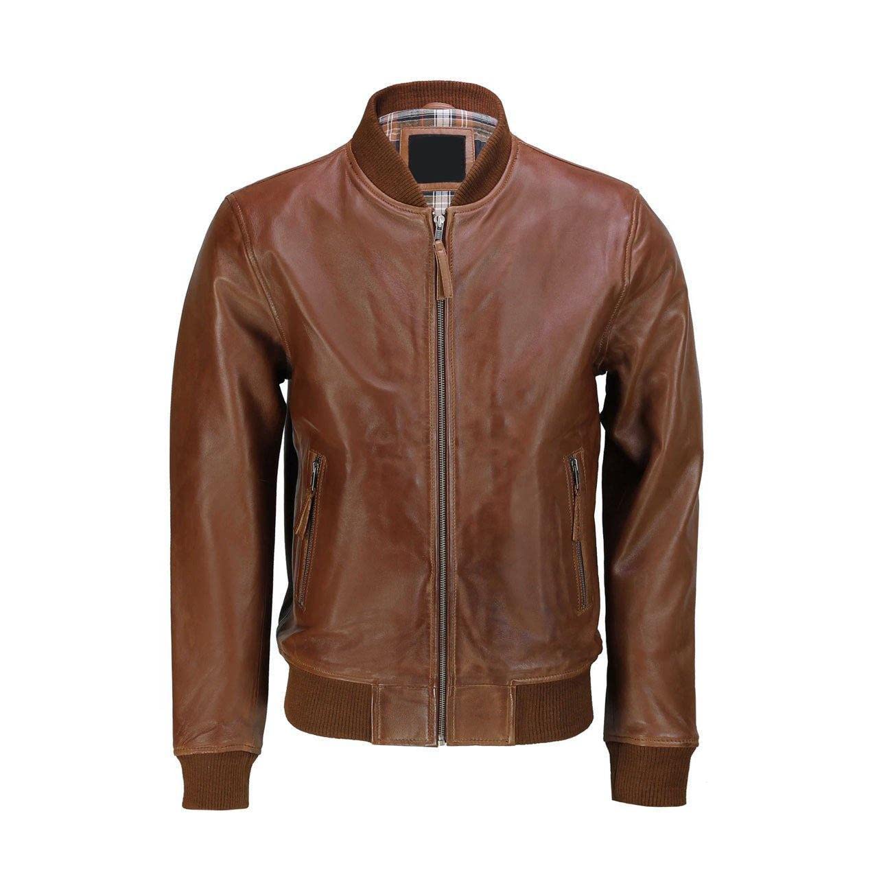 Chaqueta de cuero genuino y piel sintética para hombre, chaqueta de bombardero de diseño clásico marrón y estilo universitario, chaqueta de motociclista de motociclista