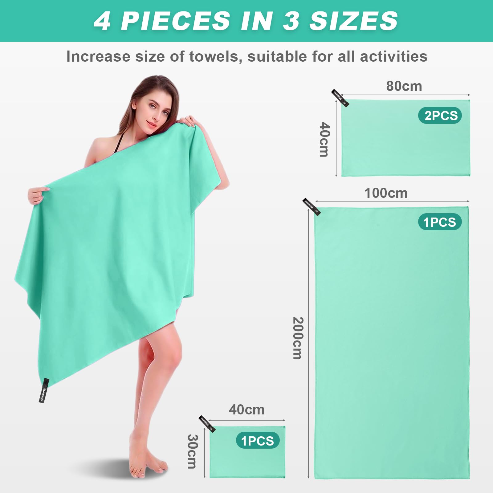 Set di 4 Asciugamano Microfibra,200x100cm+2 Pezzi 80x40cm+40x30cm Asciugamano Palestra Assorbente e Leggero per Fitness Nuoto,Telo Mare Microfibra Grande,Asciugamani Spiaggia(Verde Menta)