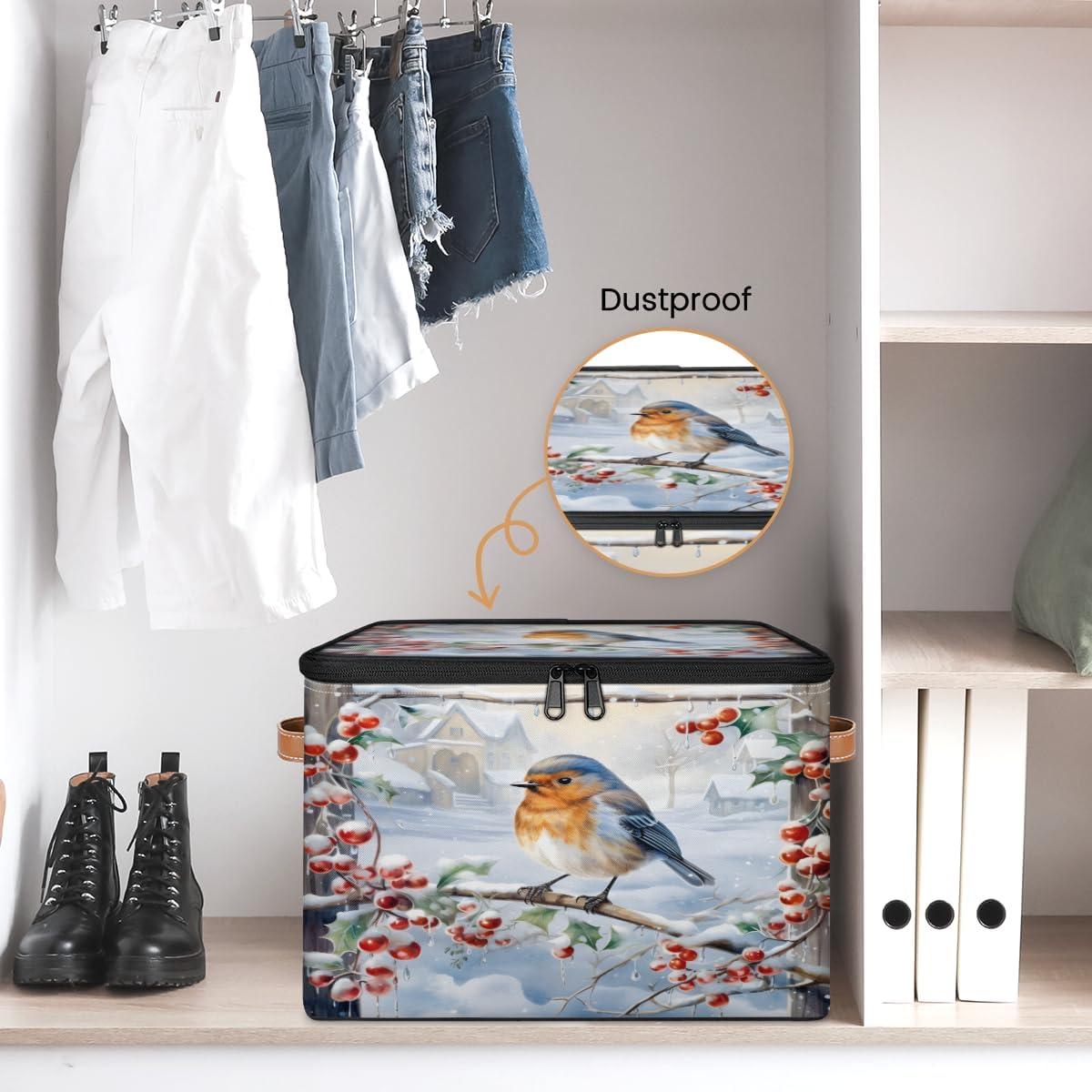 Storage Bin Set of 2 Winter Birds Storage Basket with Zipper Lid & Handle Foldable Closet Shelf 2 Pack Cloth Organizer Basket Cube Bins Clothes Organizer for Bedroom, Nursery