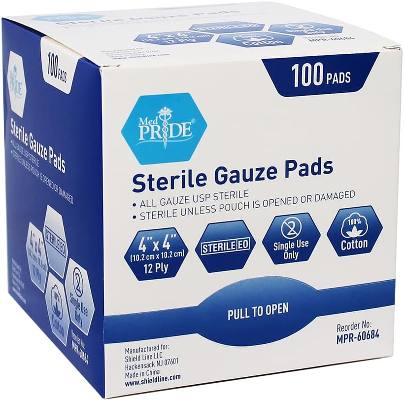 Medpride 4’’ x 4’’ Sterile Gauze Pads for Wound Dressing| 100-Pack, Individually Packed Pouches| 12-Ply Cotton & Highly Absorbent| Gauze Sponge-Pads for Wound Care & Home First Aid Kits : Health & Household