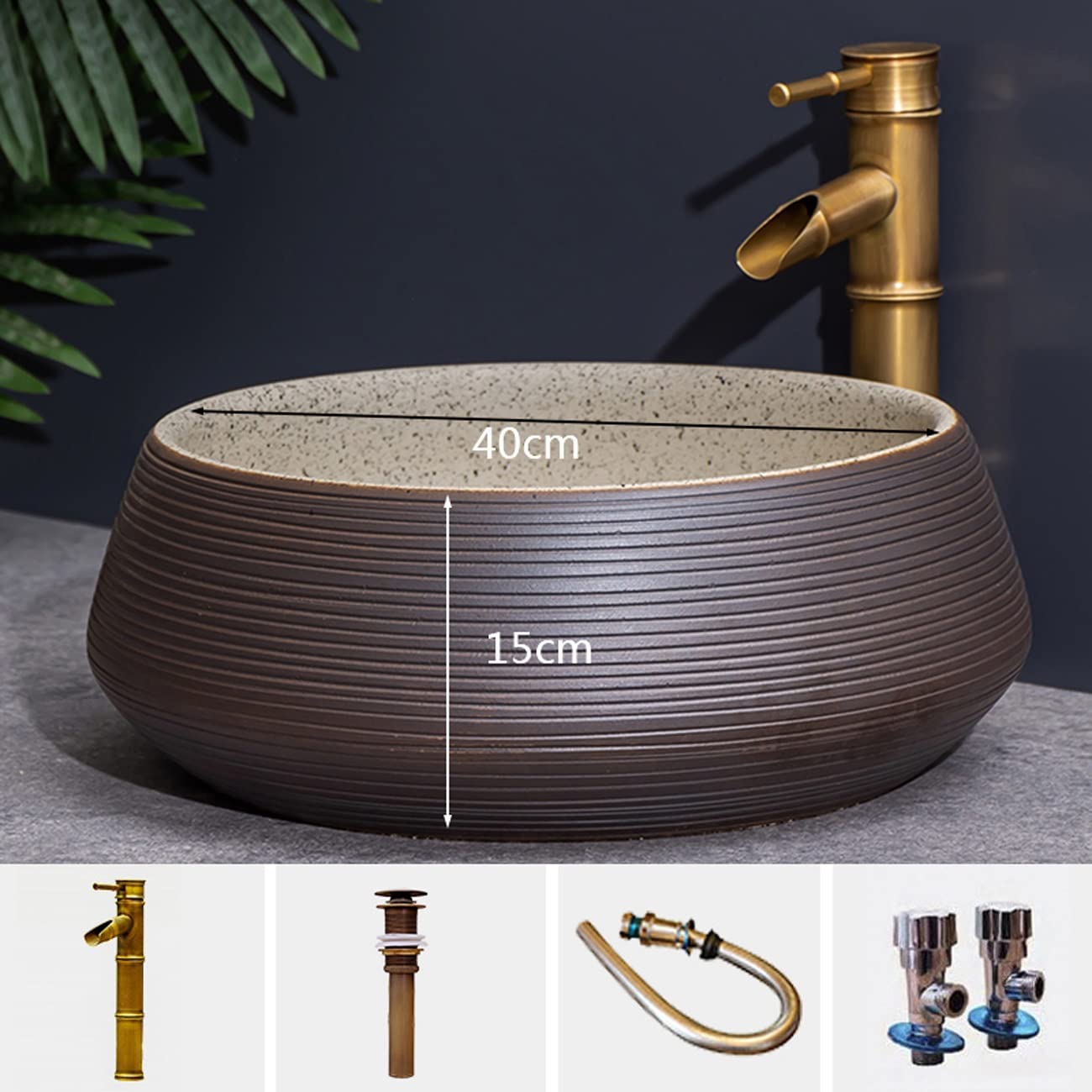 Okrągła Umywalka Nablatowa, Minimalistyczna Porcelanowa Umywalka Łazienkowa Nablatowa, Ceramiczna Umywalka Z Baterią W Kształcie Bambusa, O Teksturze Linii