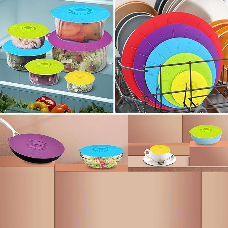 Miniatura 6 de Paquete de 5 tapas de silicona resistentes al calor para salpicaduras de microondas, tapas de succión reutilizables para almacenamiento de