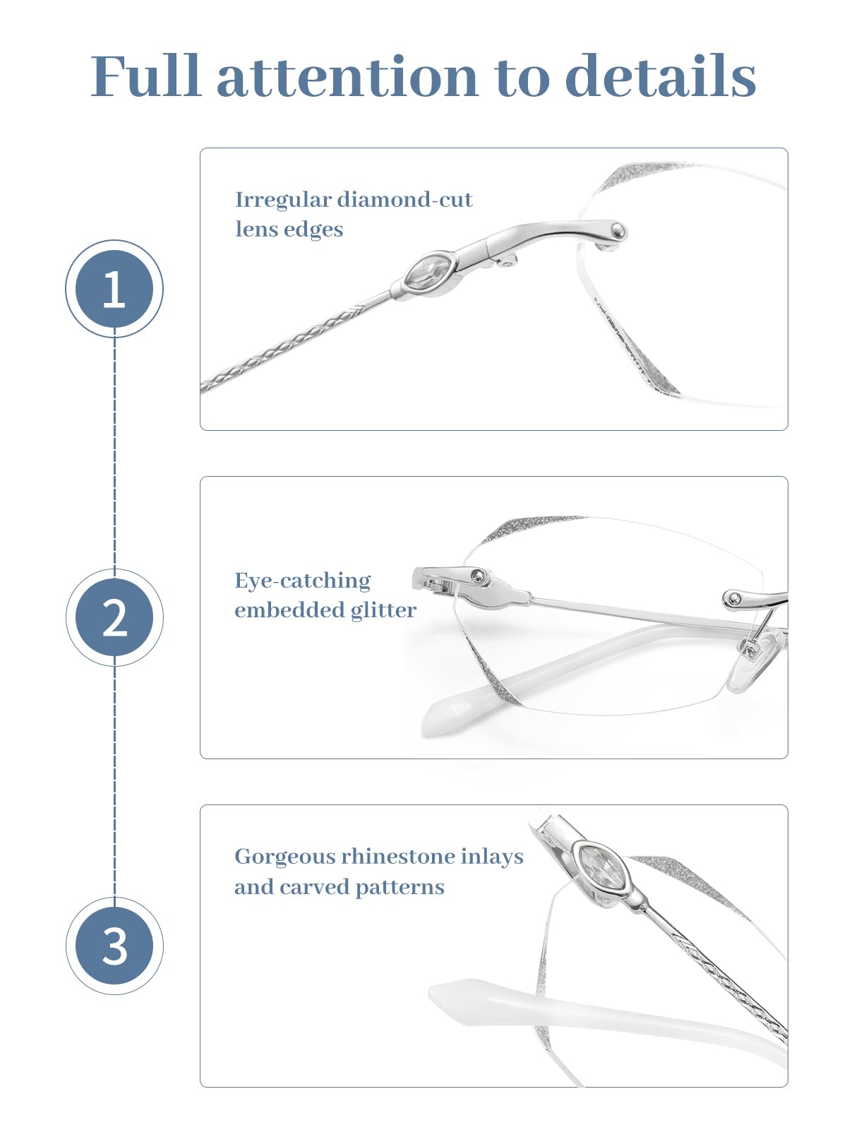 LUFF Rimless Reading Glasses for Women,Frameless Metal Fashion Diamond Cut Edge Blue Light Computer Readers,Anti Eyestrain - Image 4