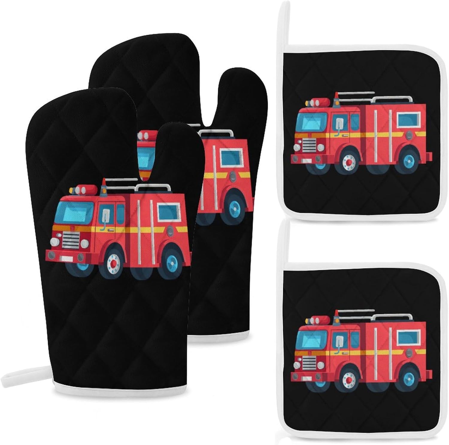 Fire Truck 4 Pcs Oven Mitts and Pot Holders Set High Heat Resistant Long Kitchen Oven Glove Potholders