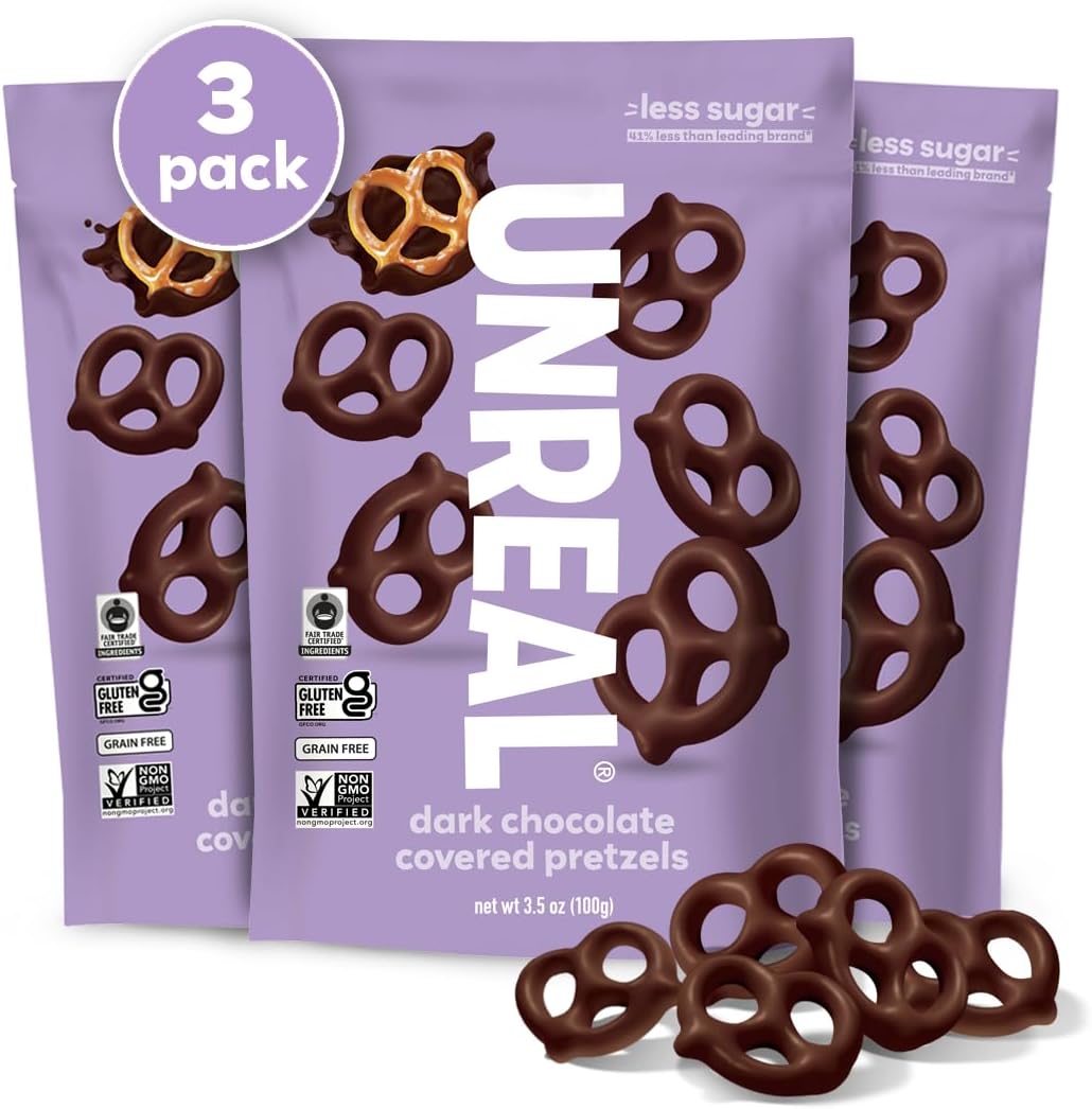 Dark Chocolate Covered Pretzels, 7g Sugar, Chocolate Candy Treat Bag, Gluten Free, Fair Trade, Non-GMO, 3.5oz (Pack of 3)