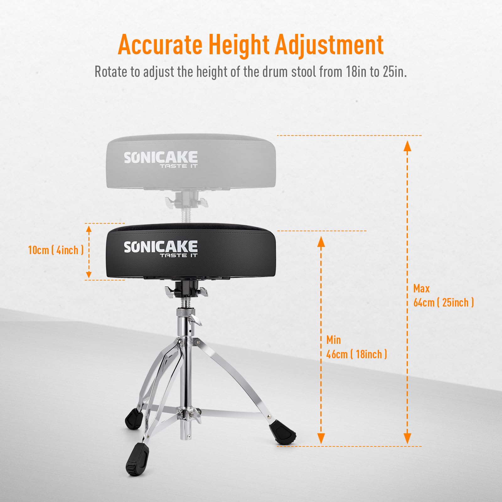 SONICAKE Tabouret de Batterie Selle Réglable en Hauteur de 46-64cm Noir