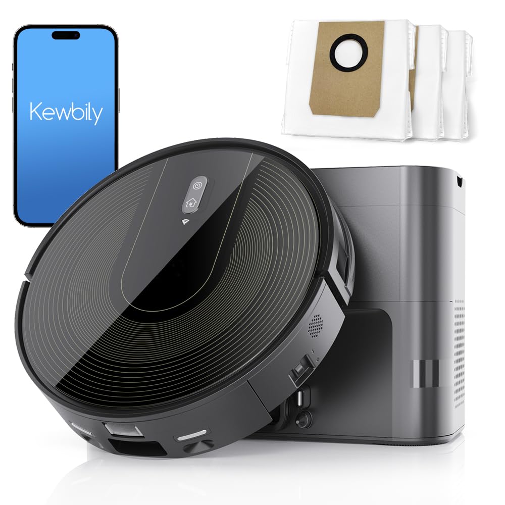 Kewbily Robot Vacuum Cleaner with Self-Emptying Base – 9000Pa Suction, 85 Days of Dust Storage, Wi-Fi/App/Alexa Control – Ideal for Hard Floors, Low Carpets, and Pet Hair