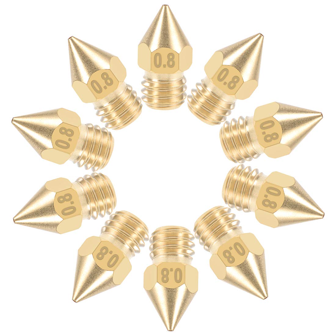 sourcing map0.8mm 3D Printer Nozzles, 10pcs M6 Thread Replacement for 1.75mm MK8 Extruder Print, Brass