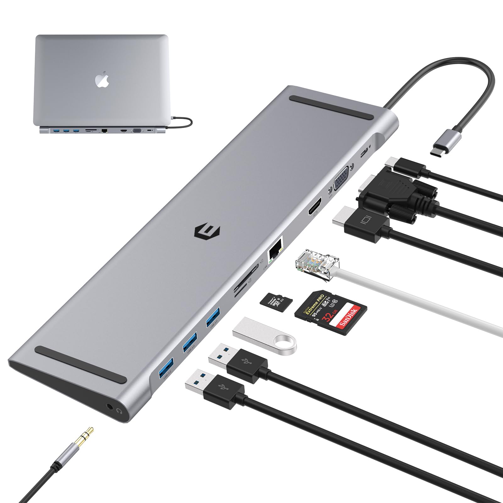 Adattatore docking station USB C, 10 in 1, docking station USB C, triplo display con HDMI 4K, VGA, 3 USB 3.0, PD 100 W, Ethernet, lettore SD/TF, audio/microfono per laptop di tipo C