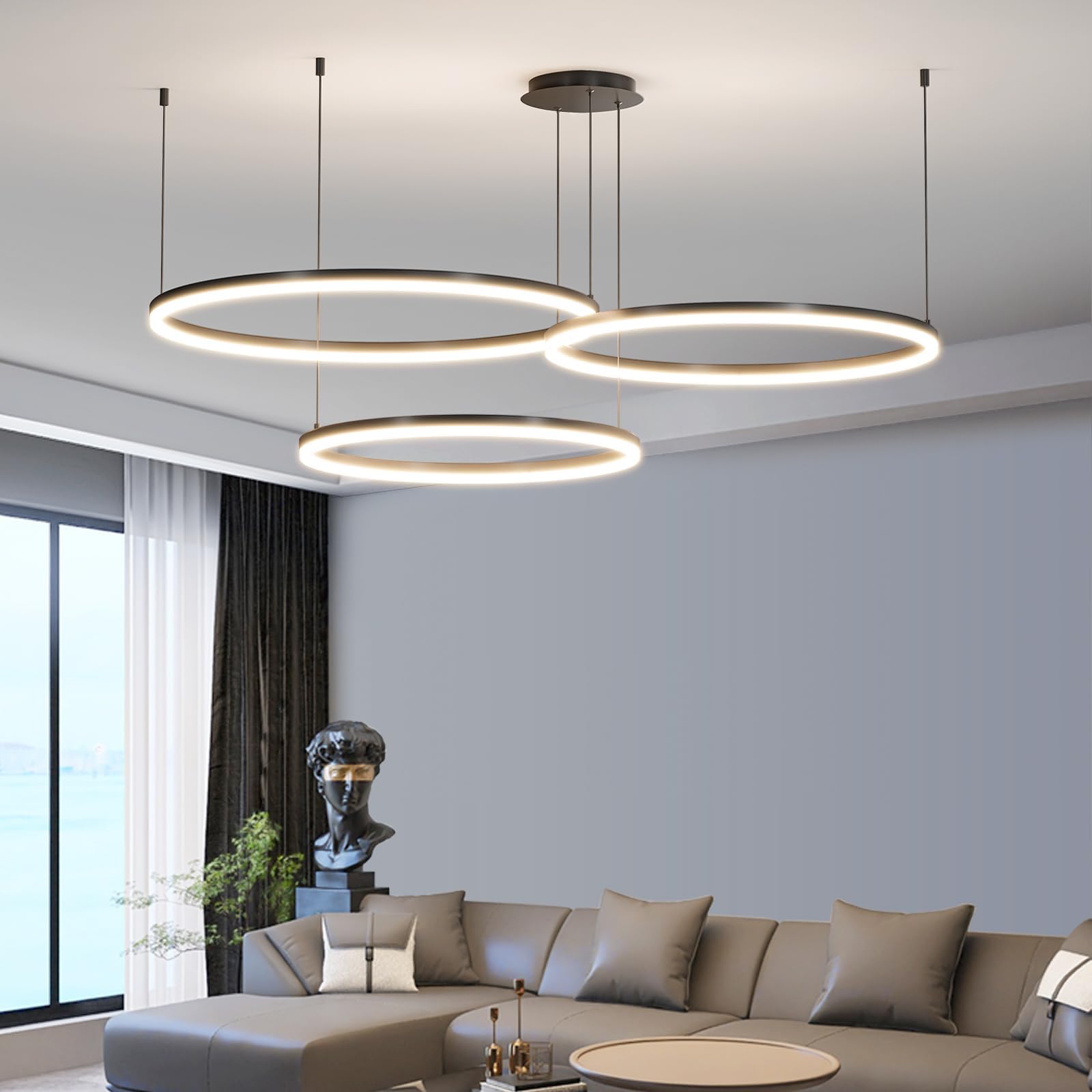 Mikeru Dimmable LED Pendant Light 3 Ring, 40+60+80CM Adjustable Pendant Light 3 Color 3000K/4500K/6000K Kitchen Island Dining Table Chandelier with Memory Function 10%-100% for Living Room — image 1
