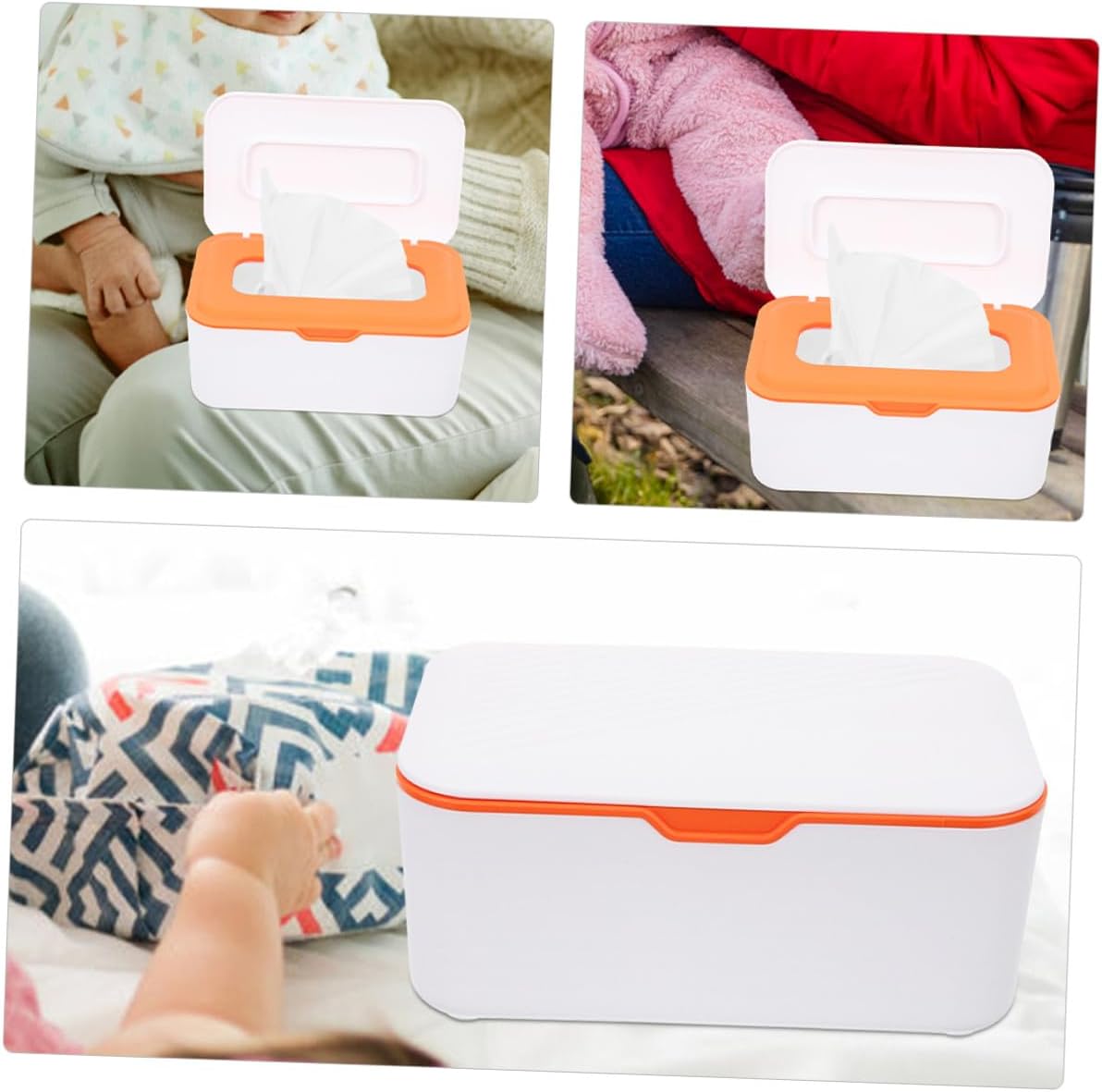 MERRYHAPY Refillable Wipes Dispenser Box with Lid for Diaper Wipes, Portable Tissue Storage Holder, Sealed Moisture-Proof Container for Outdoor and Bathroom Use, 2pcs White and Orange