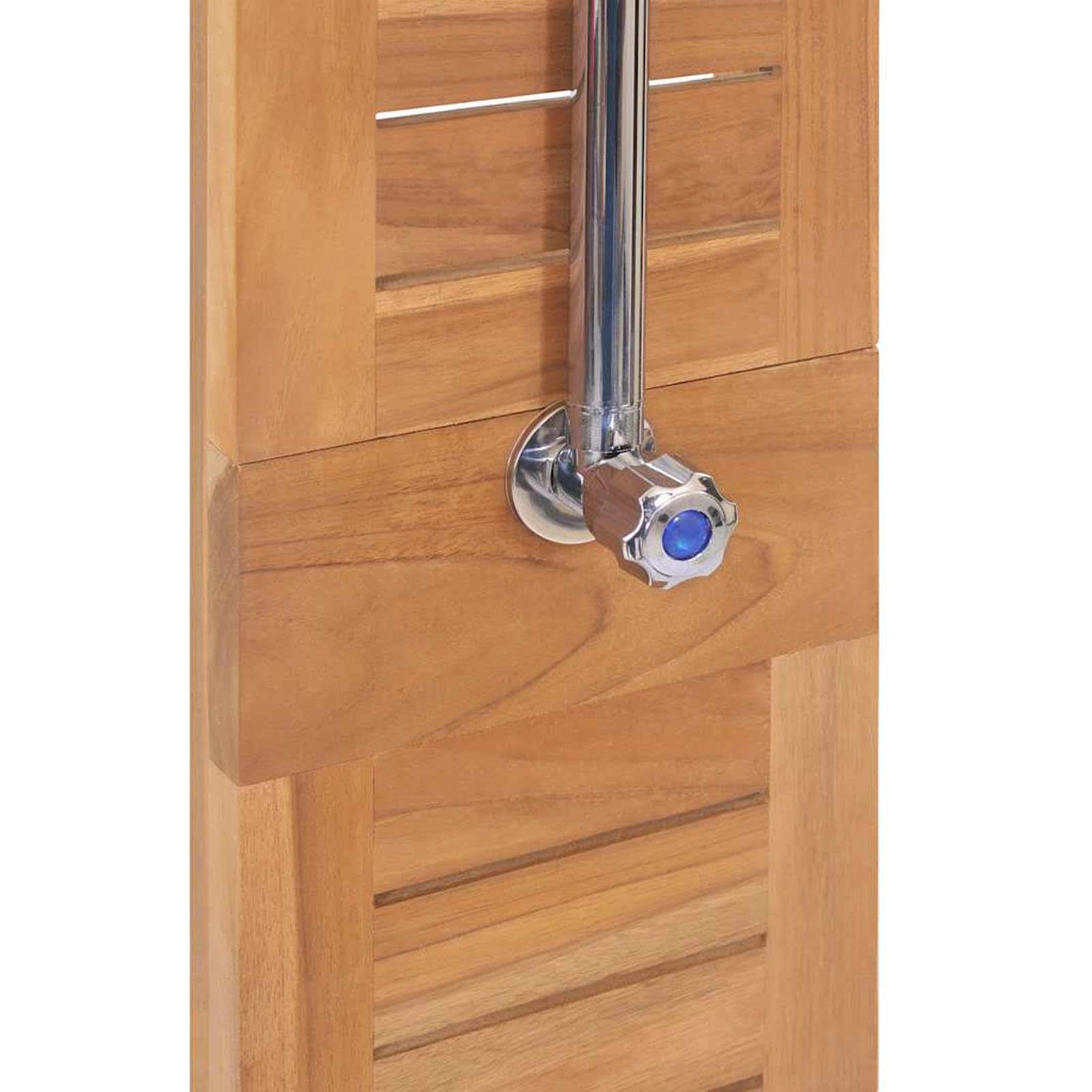 Gecheer Ducha de jardín de madera maciza de teca, 70 x 75 x 204 cm, ducha exterior de madera pulida fina con acero inoxidable para jardín y terraza